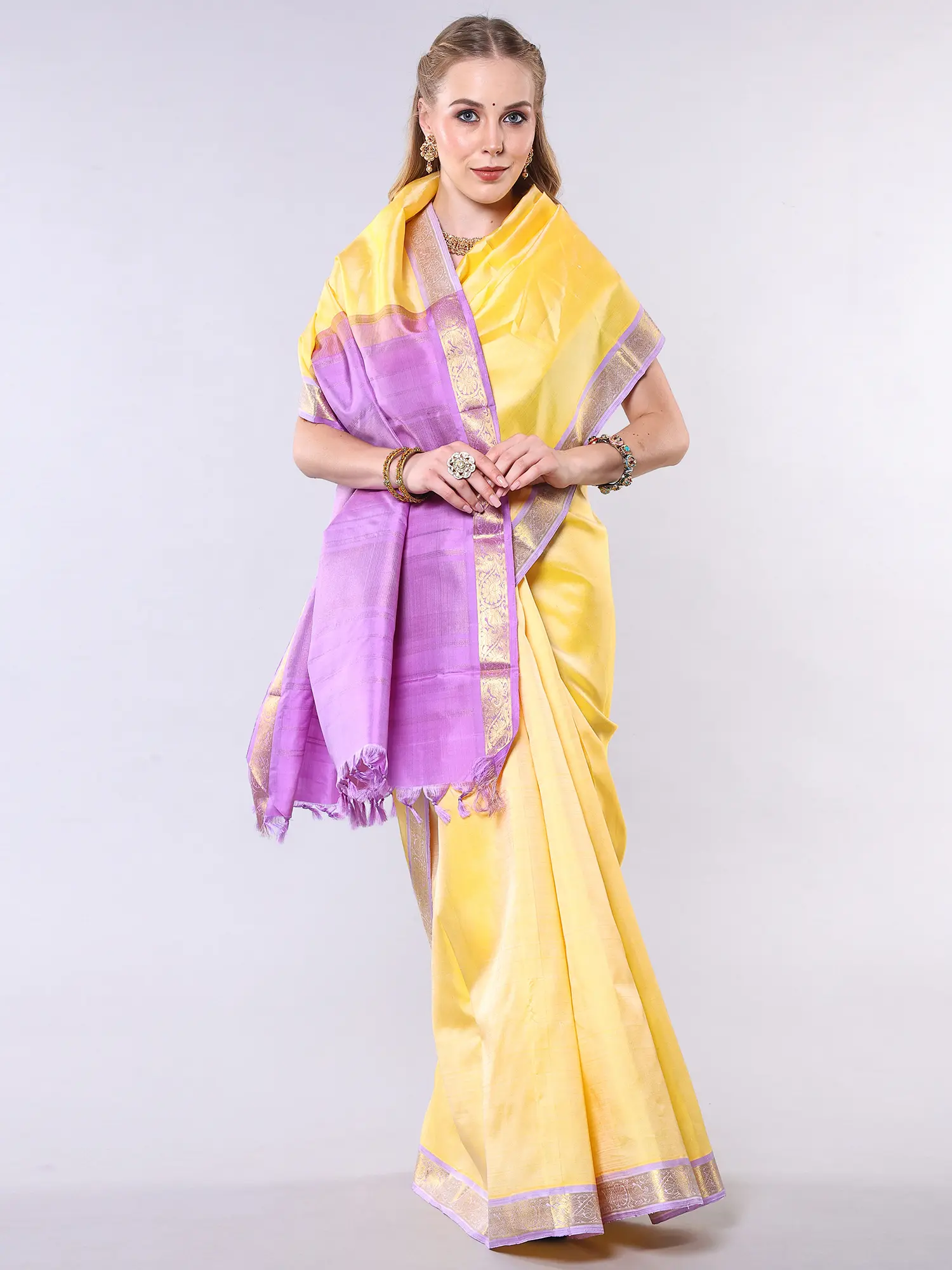 Buff-Yellow Tussar Silk Saree with Intricate Zari woven Peacock Border from Athimalaipattu, alternate view