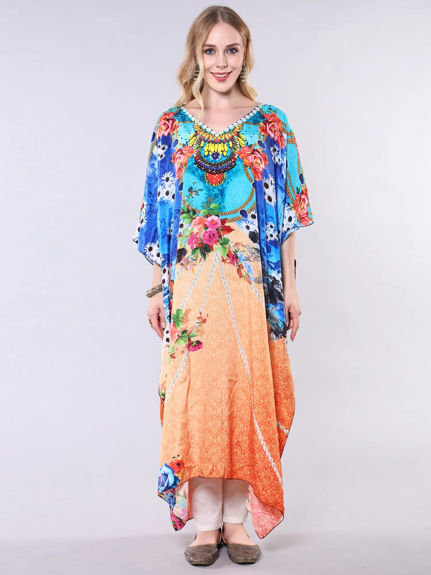 Multicolor Printed Short Kaftan with Crystals work on Neck
