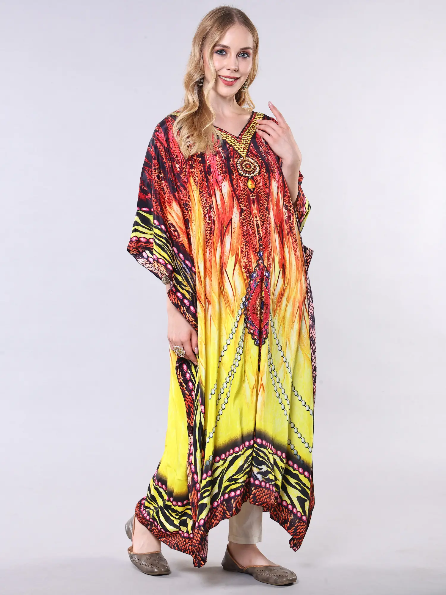 Multicolor Printed Short Kaftan with Crystals work on Neck, alternate view