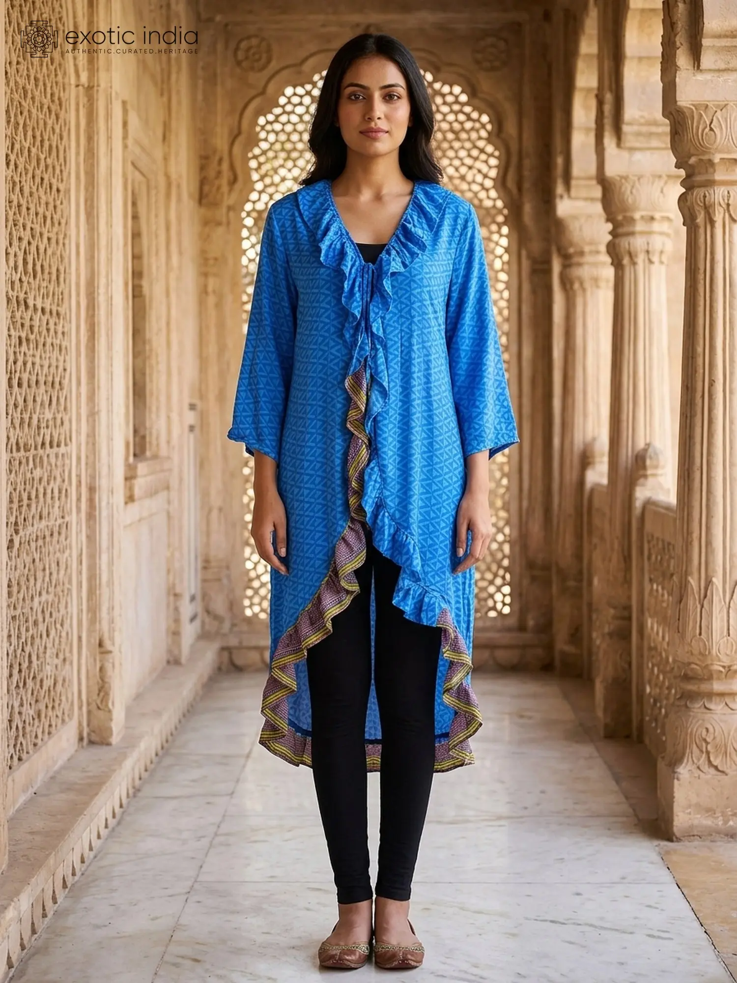 Bohemian Printed Asymmetric Hem Shrug with Ruffles