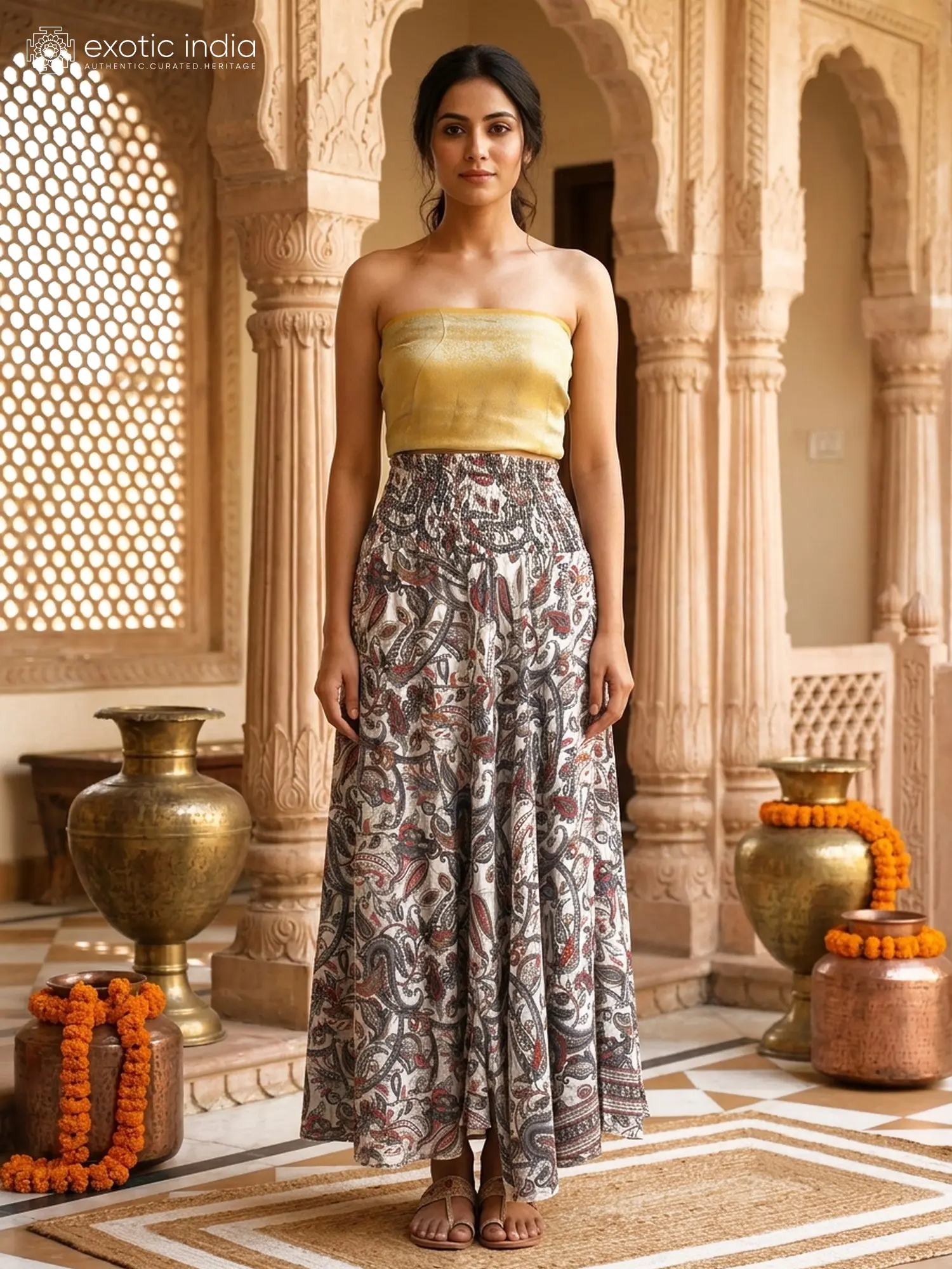 A-Line Printed White Skirt with Elastic Belt