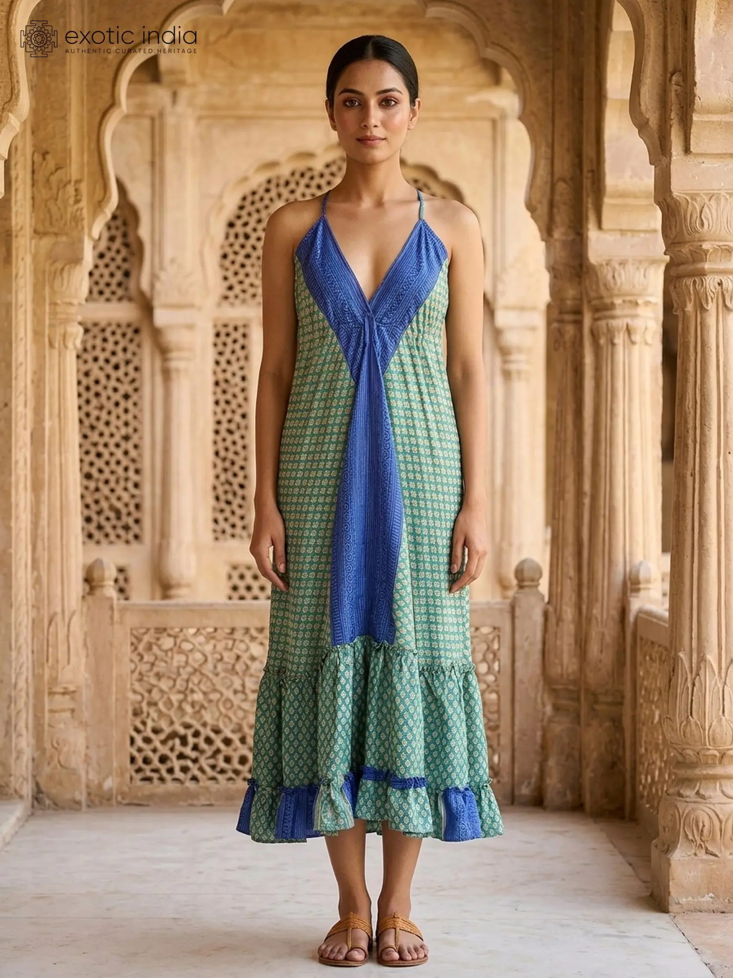 A-Line Halter Neck Dress with Ruffles on Hem