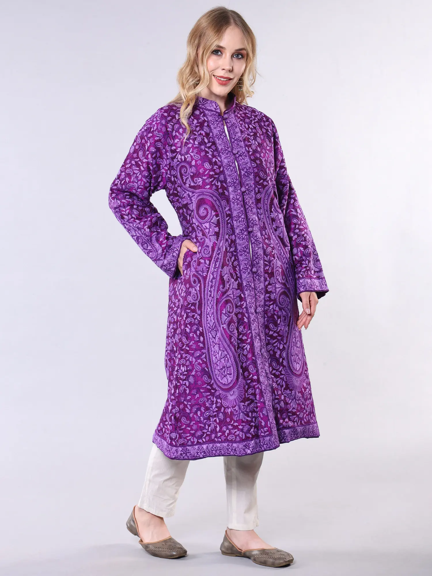 Deep-Orchid Pure Silk Long Jacket With All-Over Floral-Paisley Aari-Embroidery by Hand, alternate view