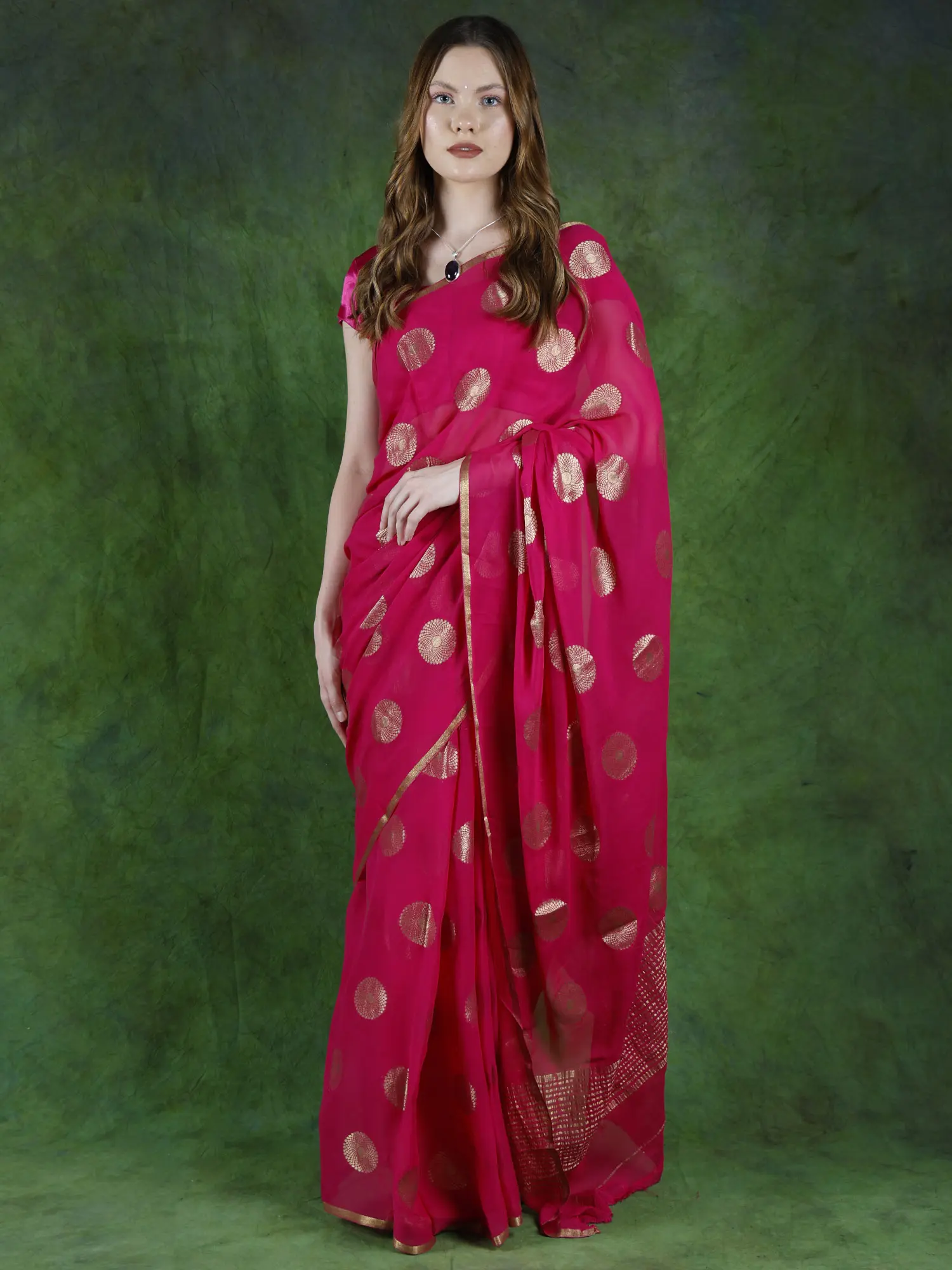 Pink-Peacock Georgette Saree from Bangalore with Zari Weave Chakra