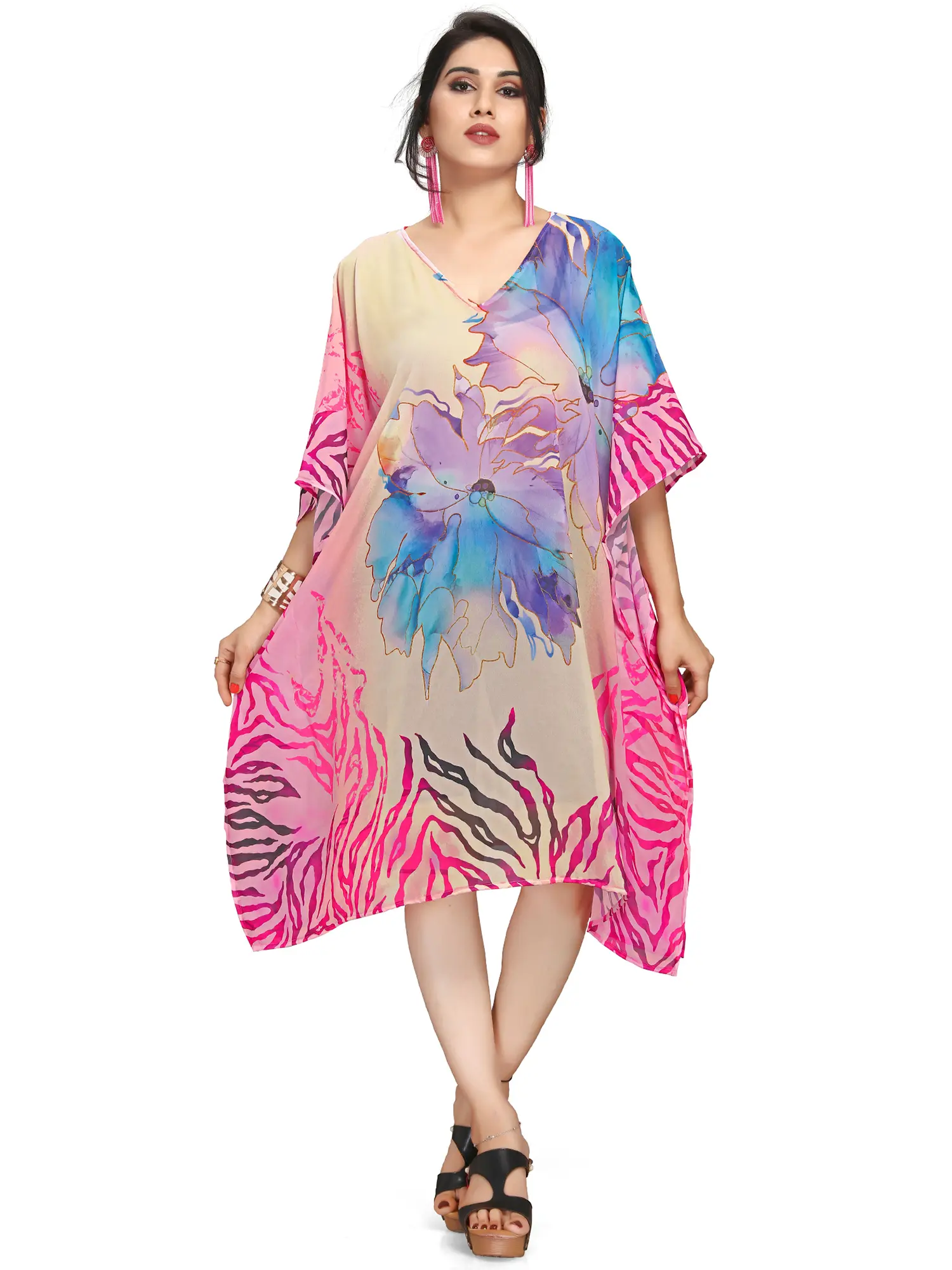 Cream-Tan Georgette Short Kaftan with Floral Print