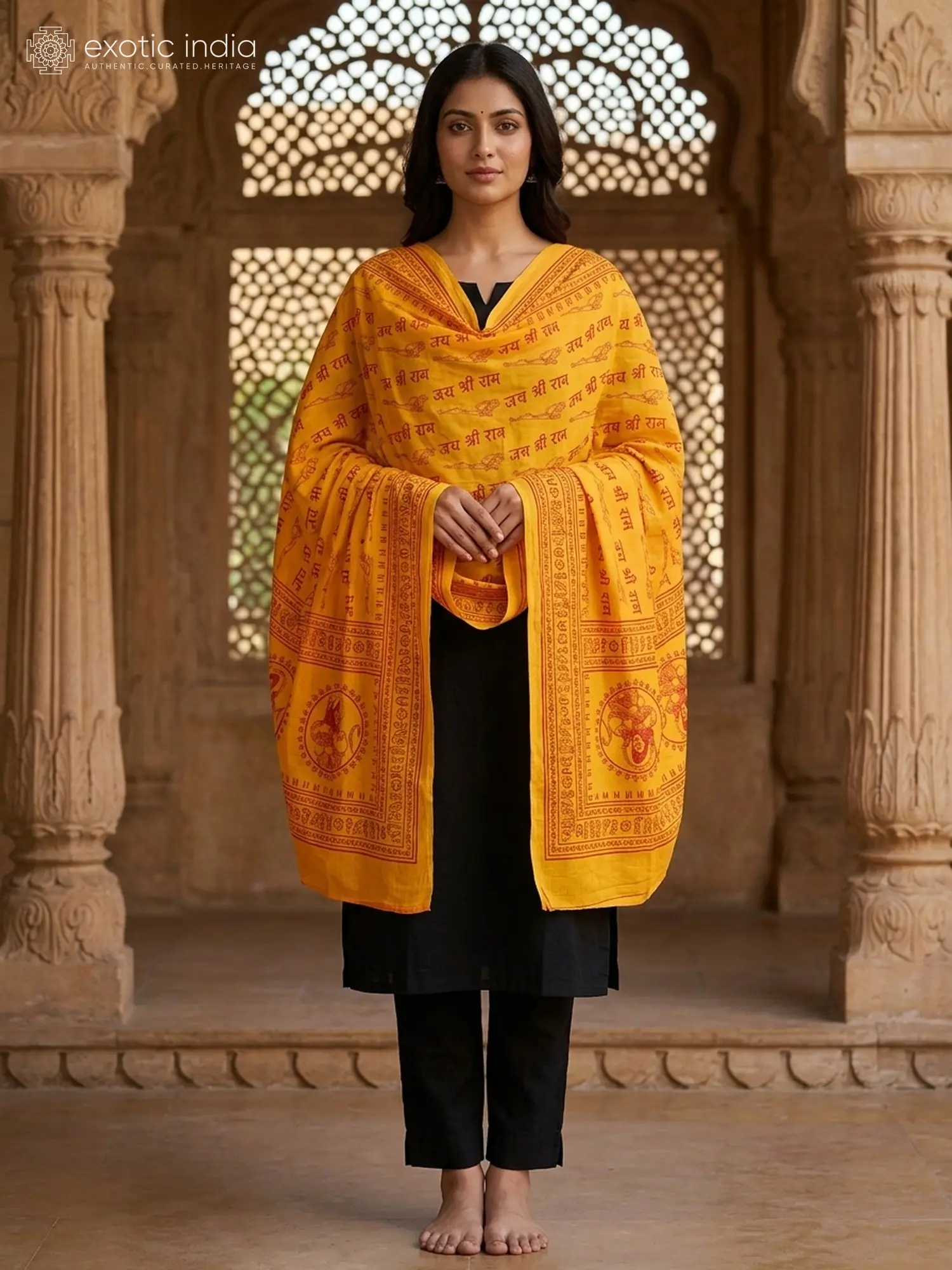 Radiant-Yellow Pure Cotton Jai Shree Ram Printed Prayer Shawl