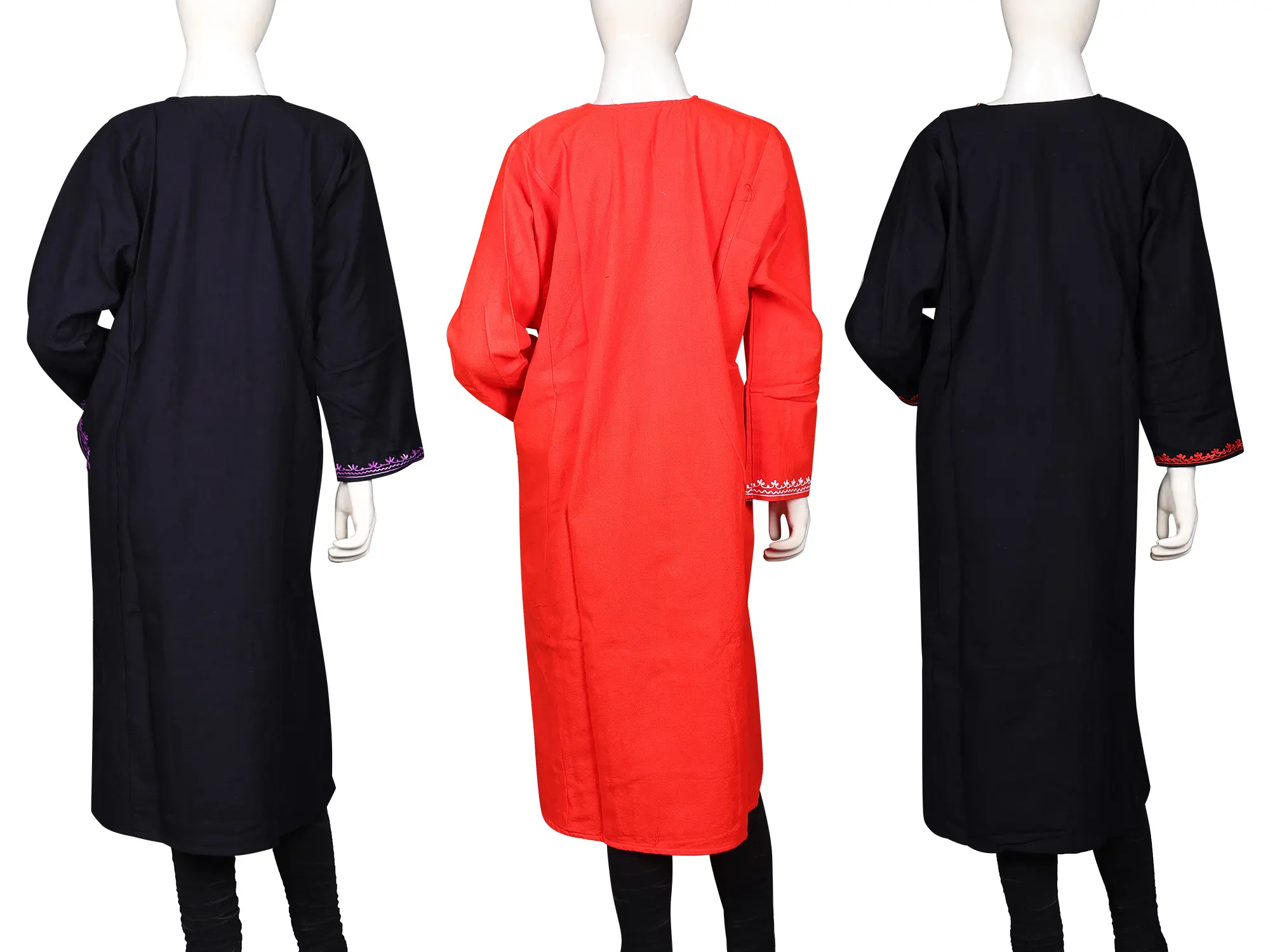 Lot of Three Kashmiri Phiran with Aari Embroidered Floral Motifs and Side Pockets, alternate view