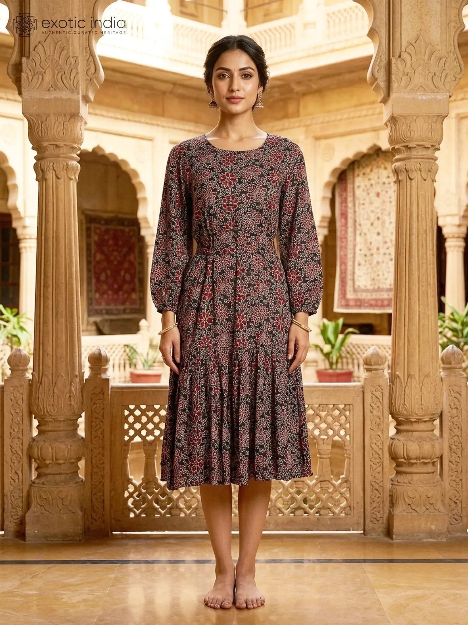 Pure Cotton Long Sleeve Midi Dress with Floral Print