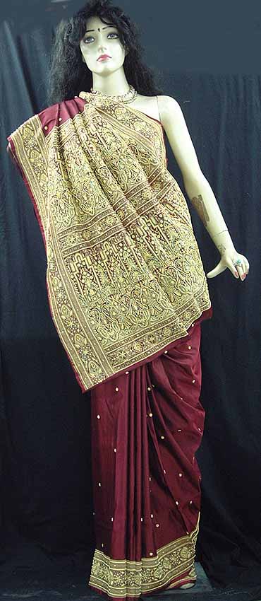 Maroon Color Bridal Sari With Heavy Zardozi Work | Exotic India Art