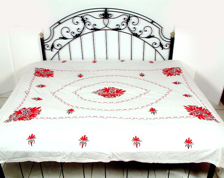 OffWhite Floral Bedspread with Kashmiri Embroidery Exotic India Art