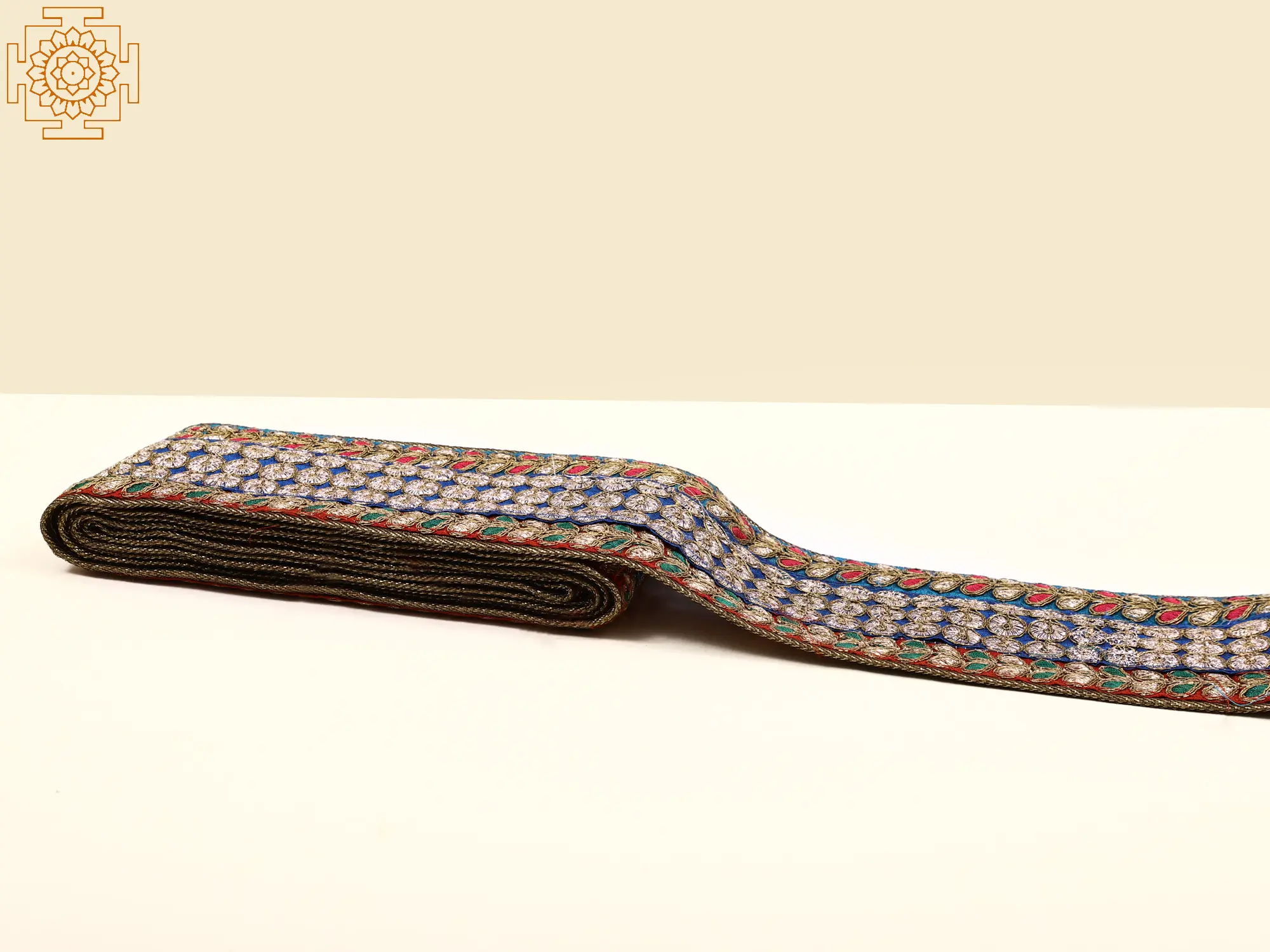 Tri-color Embroidered Wide Fabric Border with Metallic Threadwork