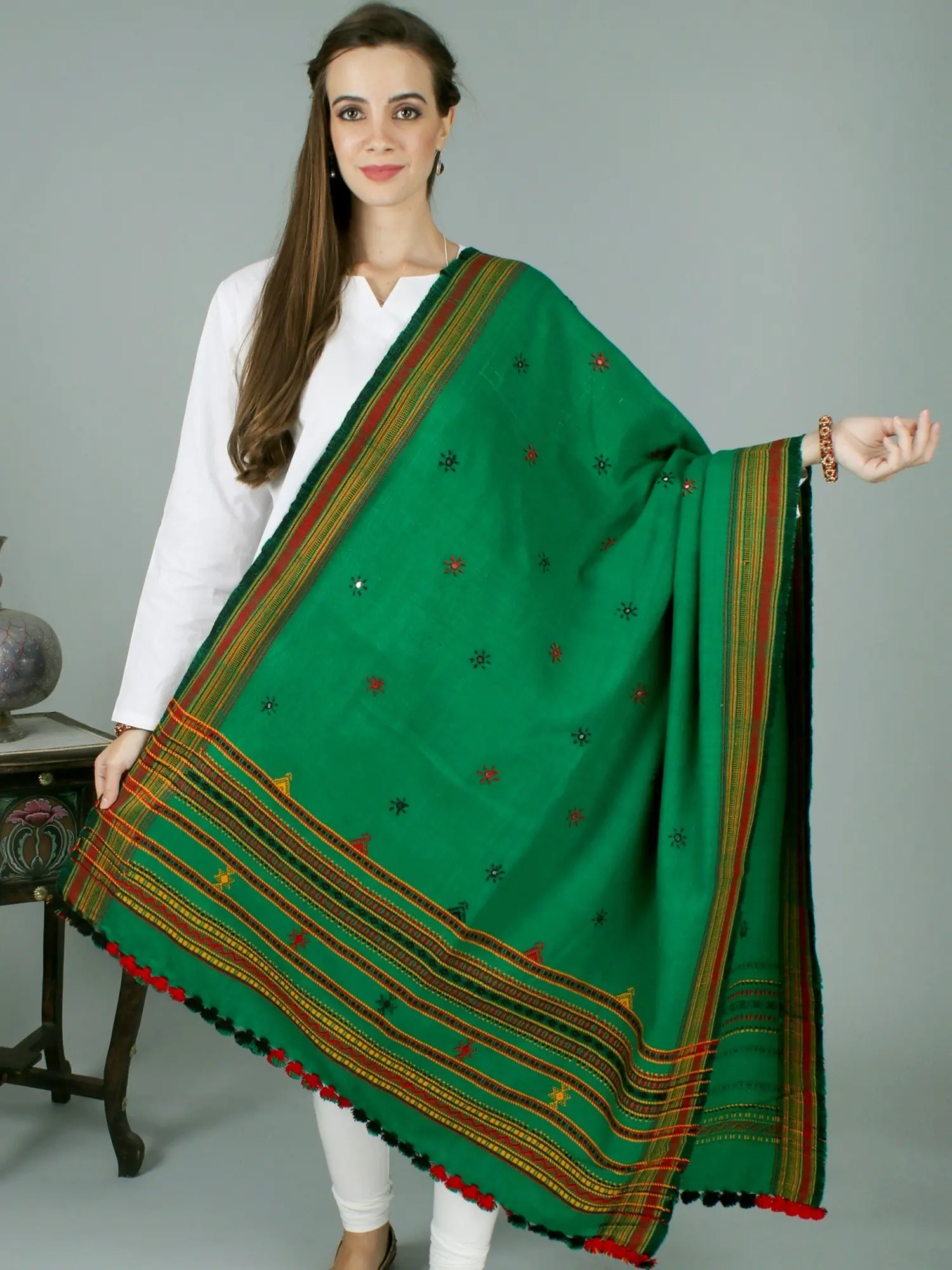 Shawl from Kutch with Embroidered Flowers and Mirrors