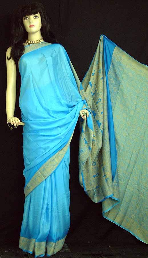 Sky Blue Chiffon Sari With Brocade Work | Exotic India Art