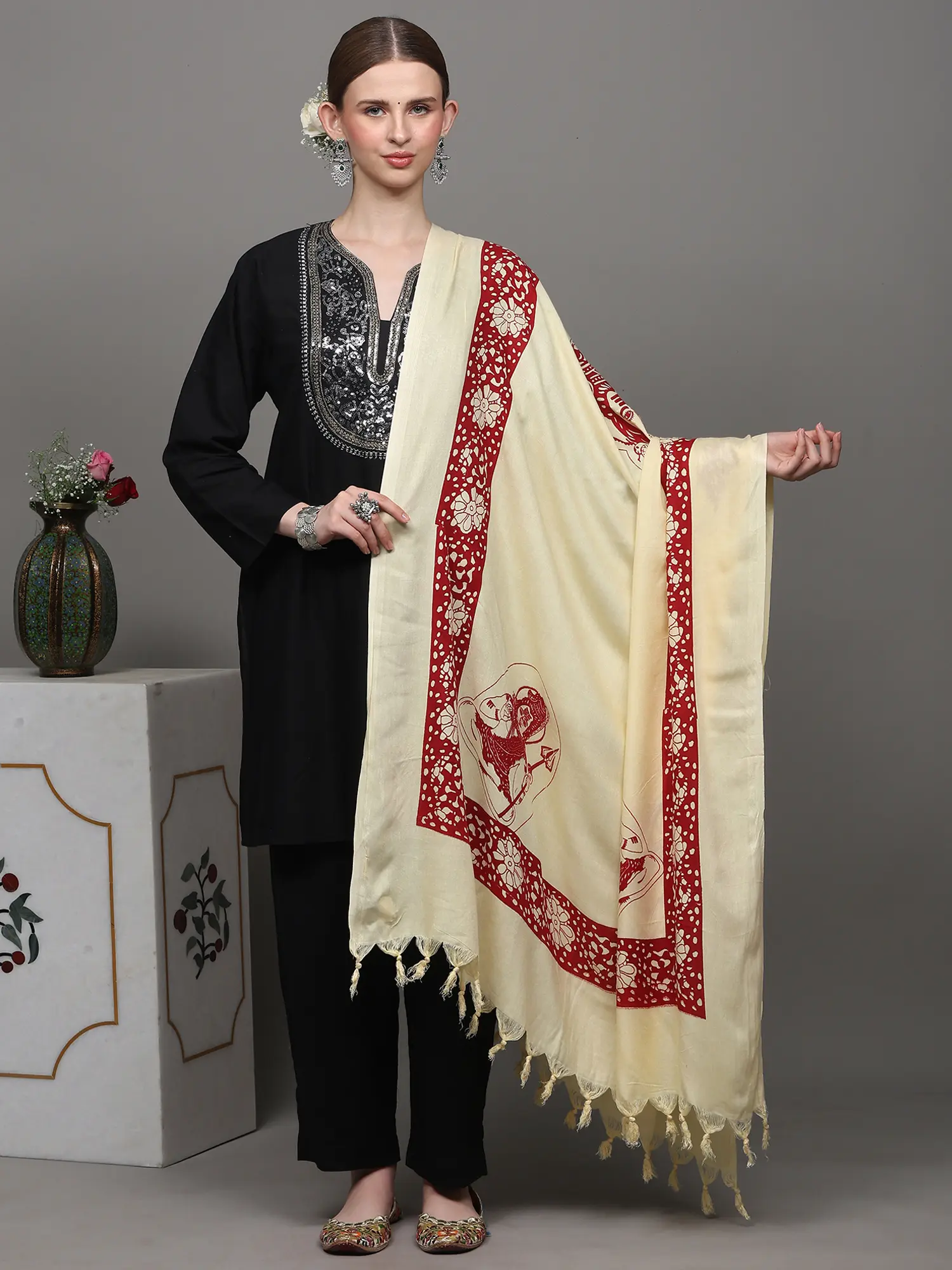 Transparent-Yellow Hindu Prayer Shawl with Printed Blessing Lord Shiva