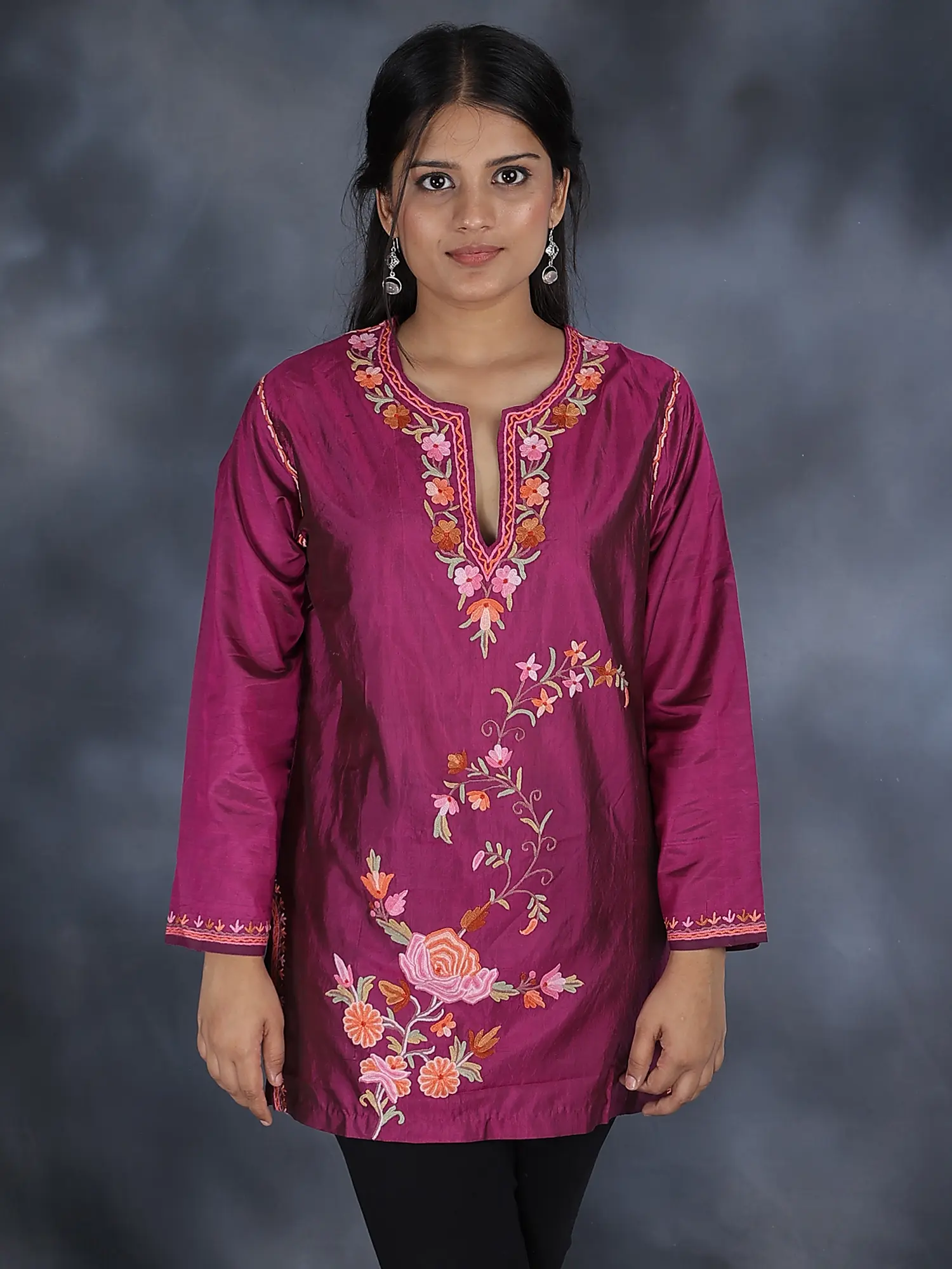 Baton Rouge-Purple Kashmiri Kurti with Aari Embroidered Flowers