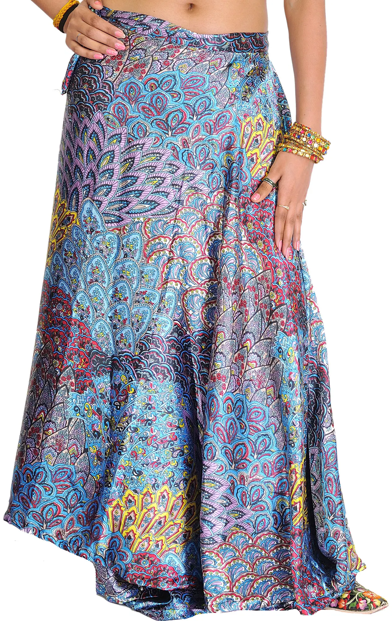 Wrap-Around Long Skirt With Printed Flowers