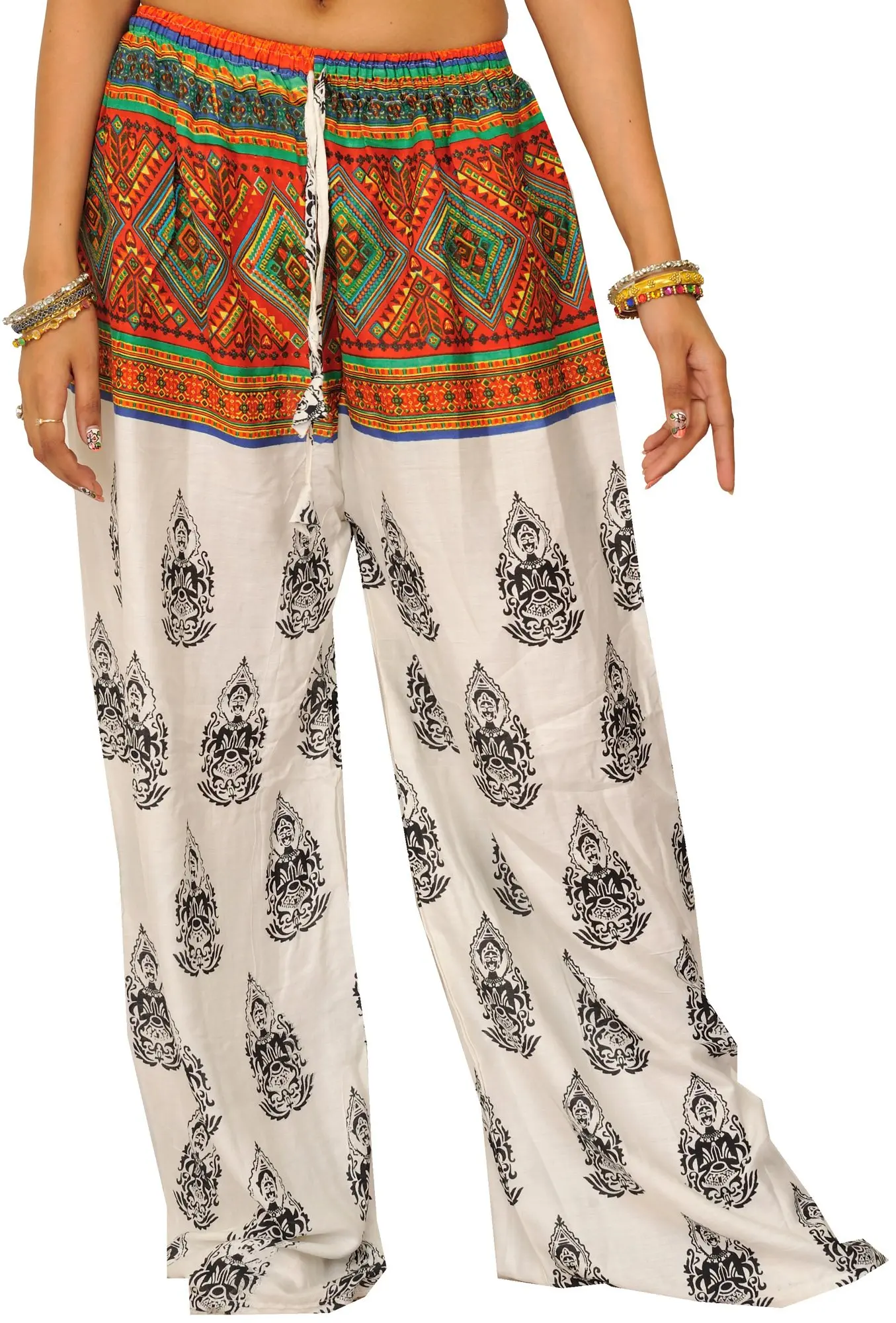 White Bohemian Yoga Trousers with Gautam Buddha Print