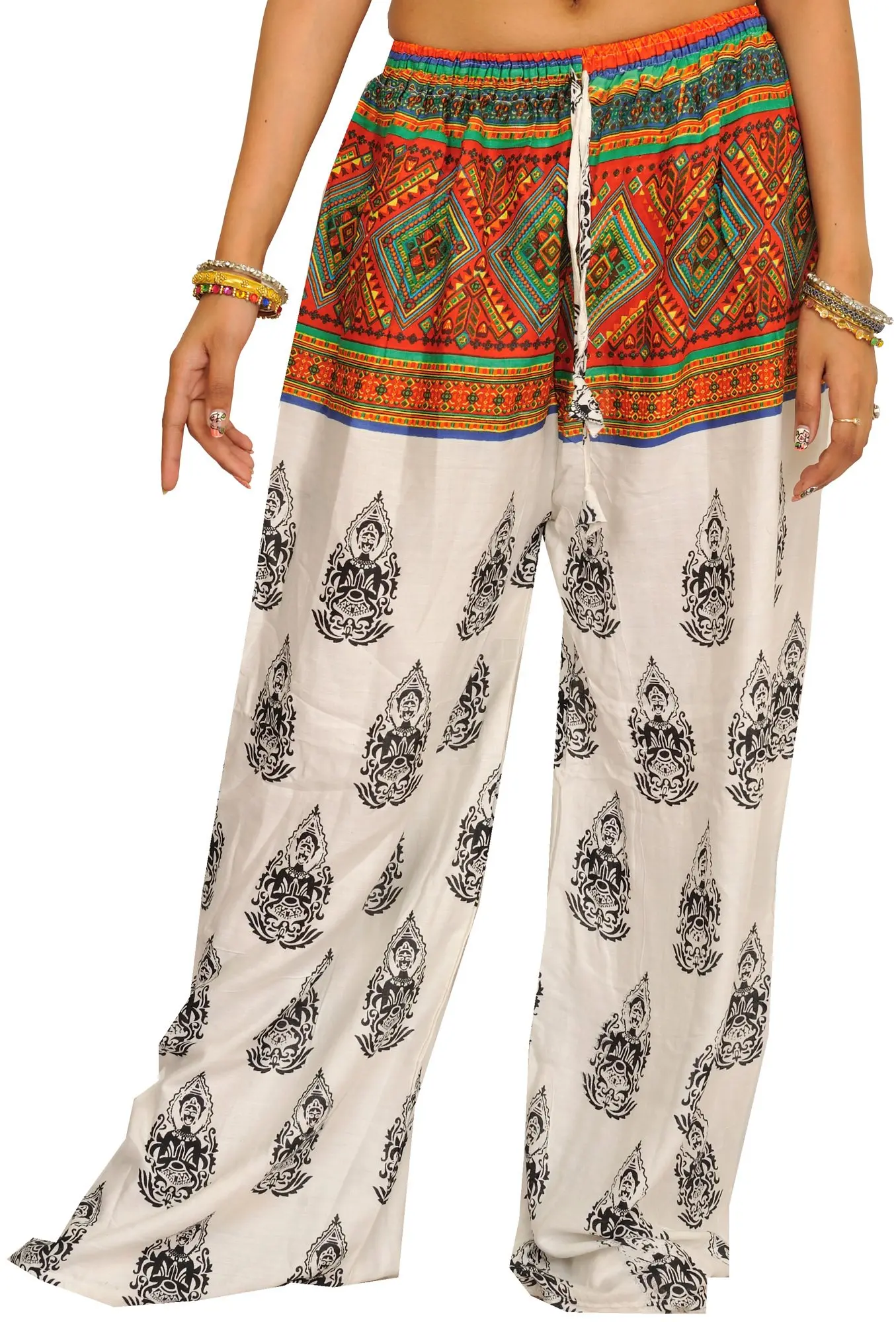 White Bohemian Yoga Trousers with Gautam Buddha Print, alternate view