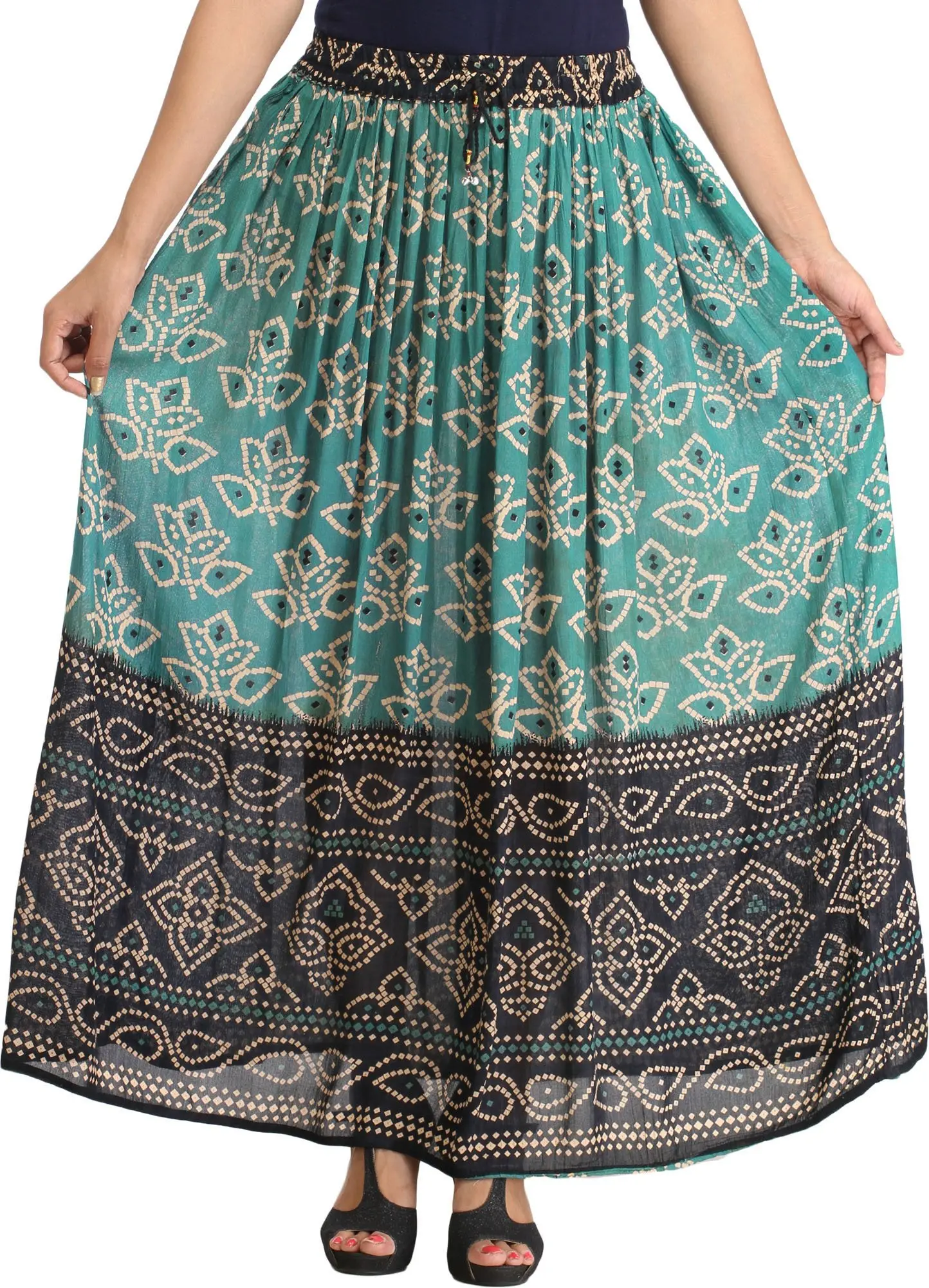 Double-Shaded Elastic Long Skirt with Bandhani Print