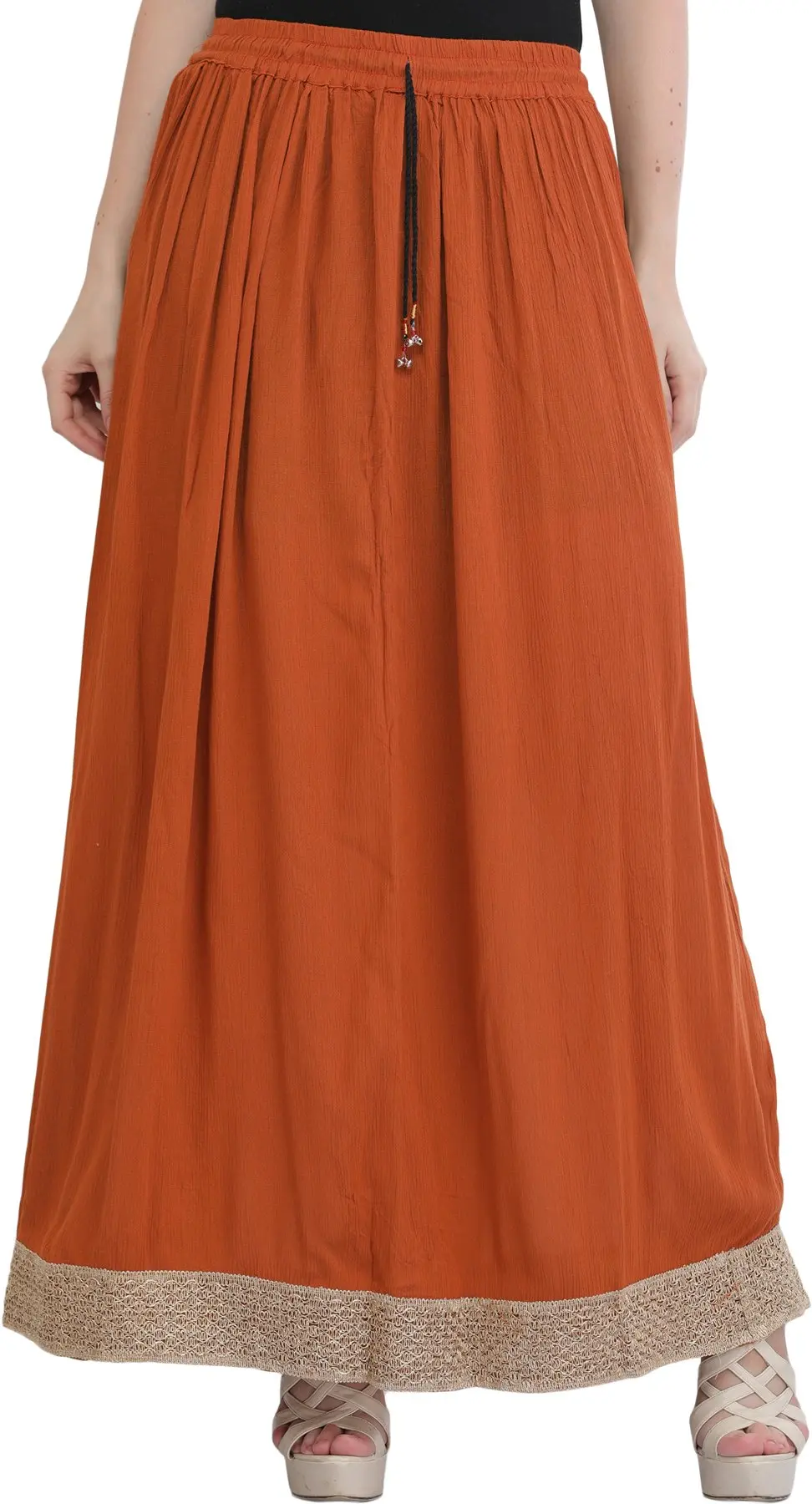 Plain Elastic Long Skirt with Golden Border