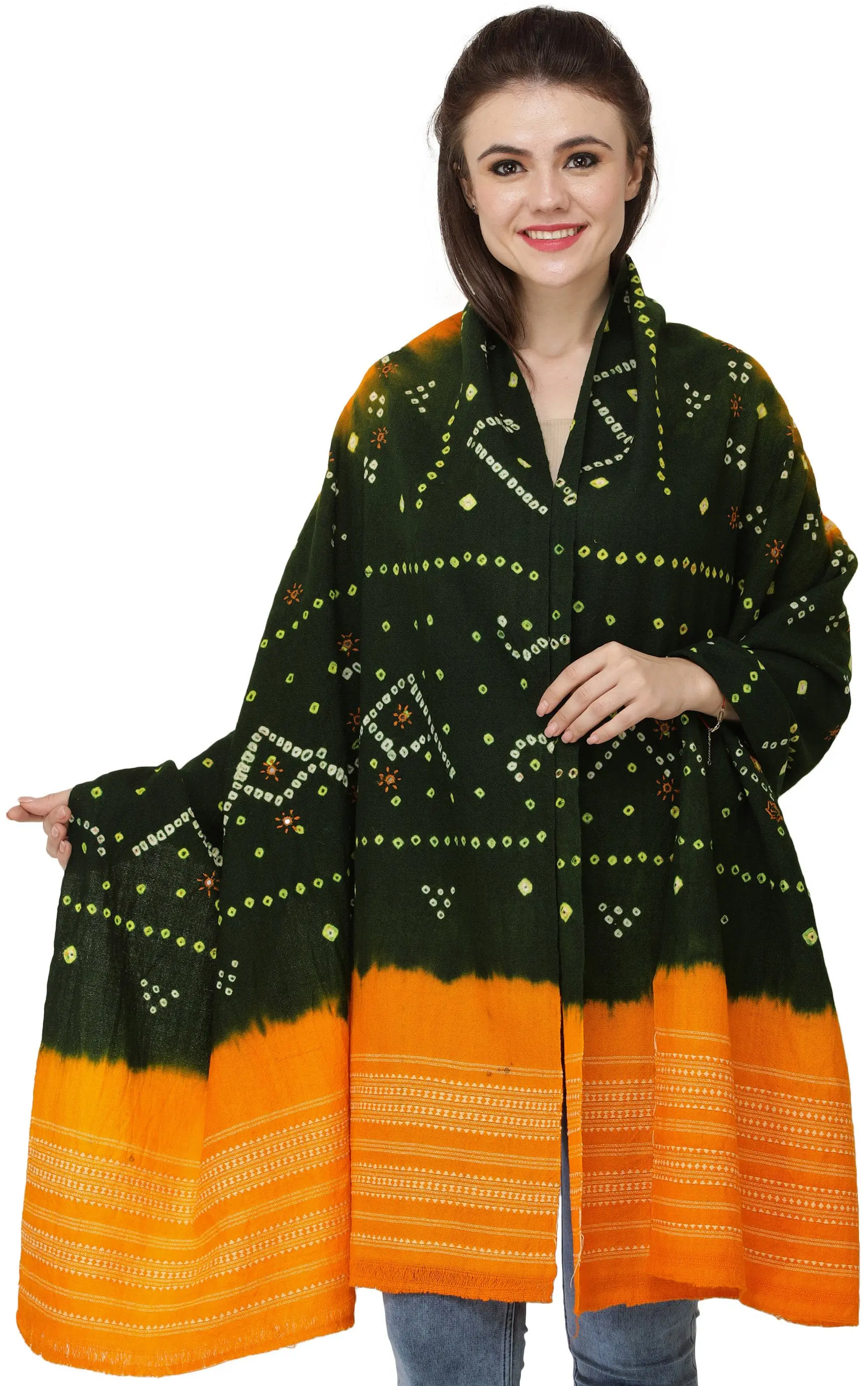 Bandhani Tie-Dye Shawl from Kutch with Embroidered Mirrors