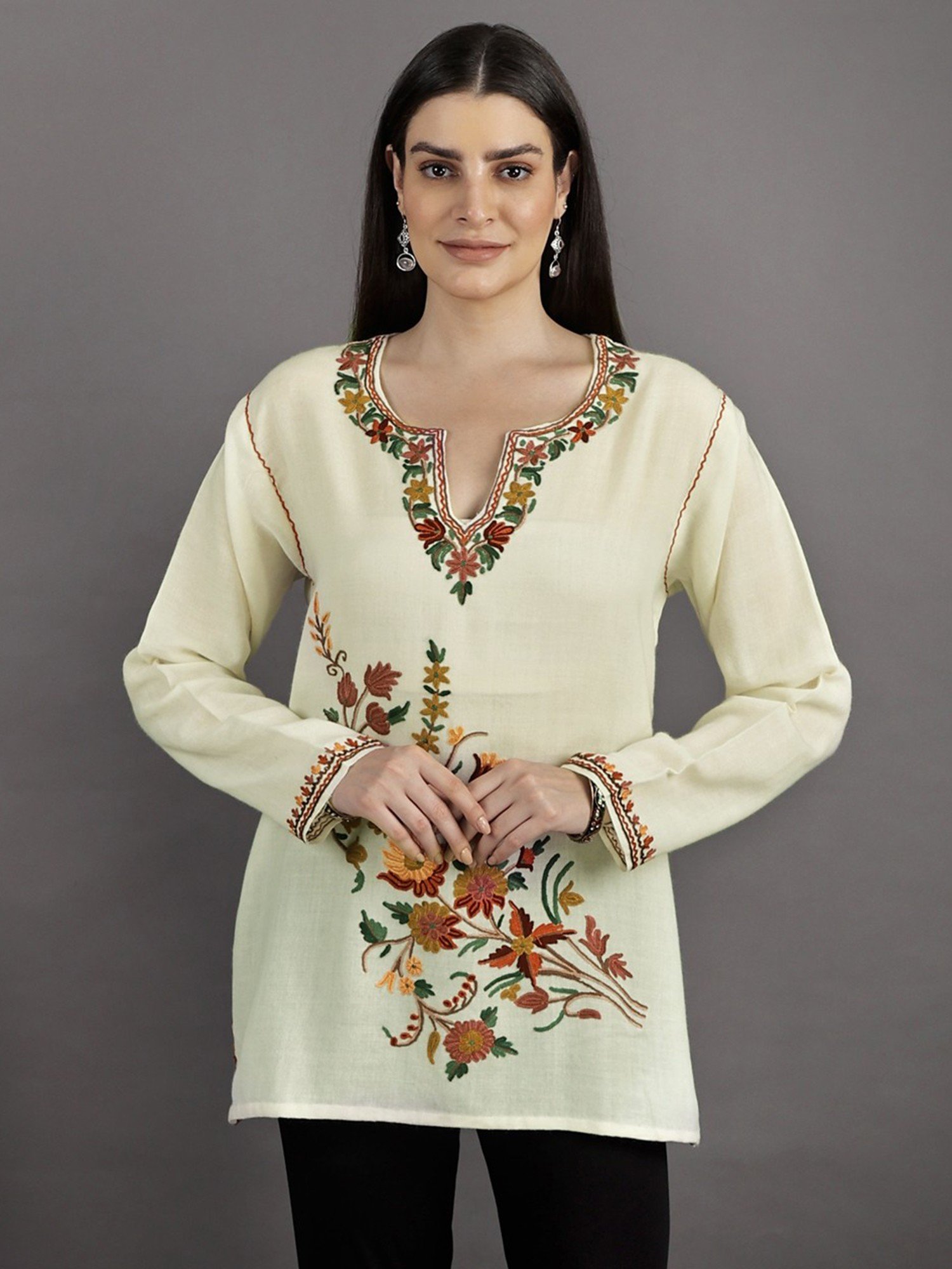 Short Kurti from Kashmir with Floral Aari-Embroidery by Hand | Exotic India  Art