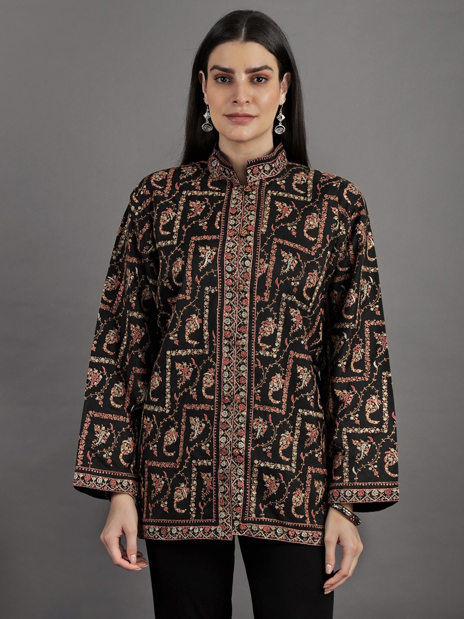 Black-Beauty Kashmiri Jacket with Sozni Hand-Embroidered Paisleys And ...
