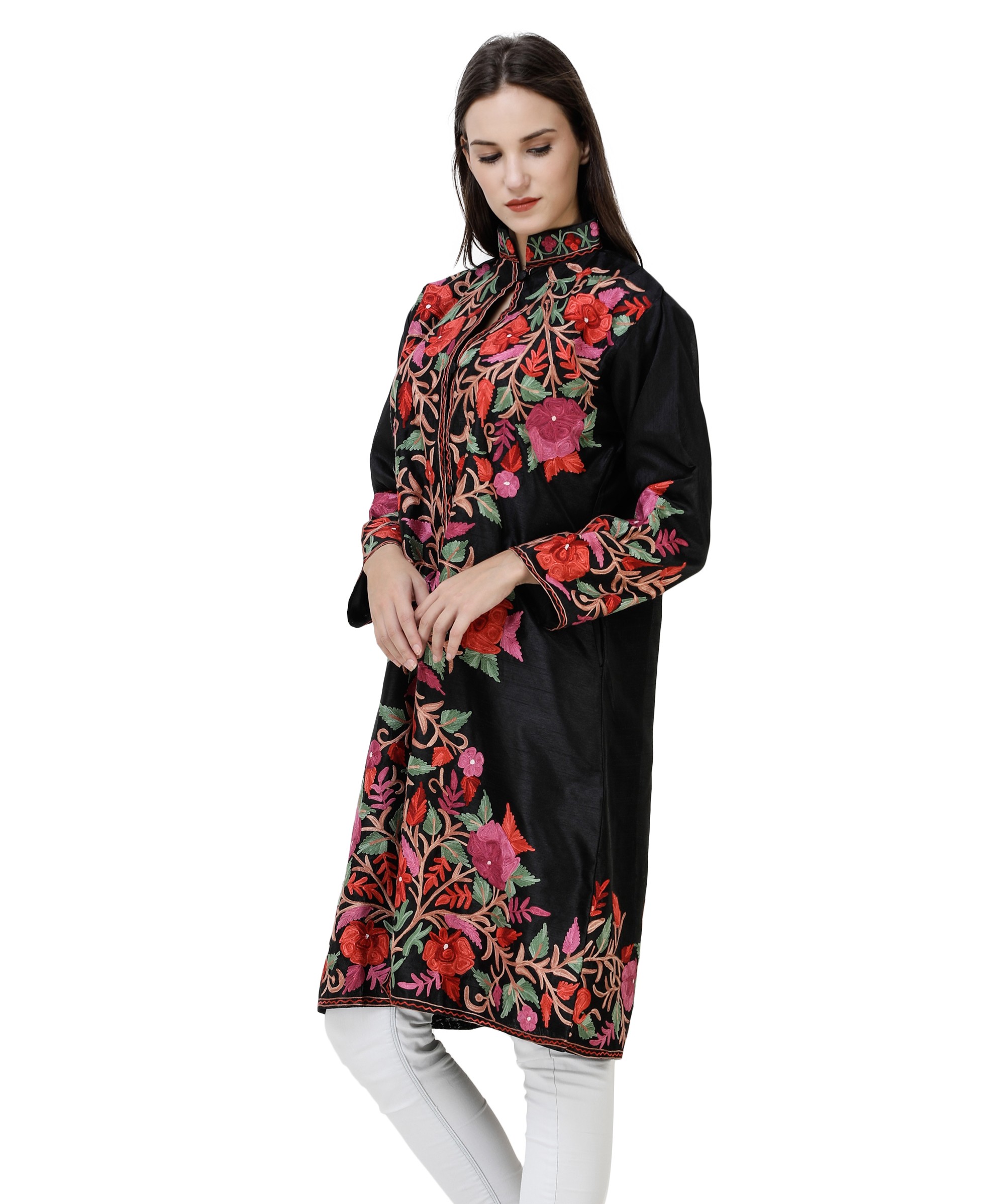 Caviar-Black Long Silk Jacket From Kashmir With Aari-Embroidered Giant ...