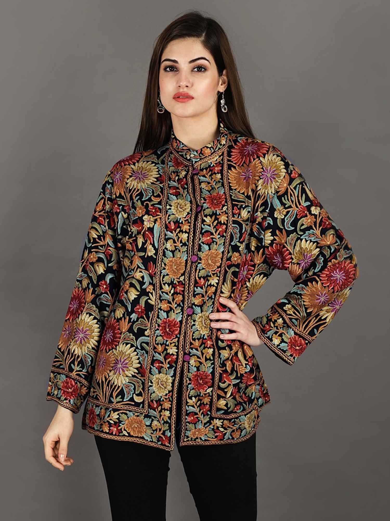 Black-Beauty Pure-Wool Short Jacket From Kashmir With Giant Aari ...