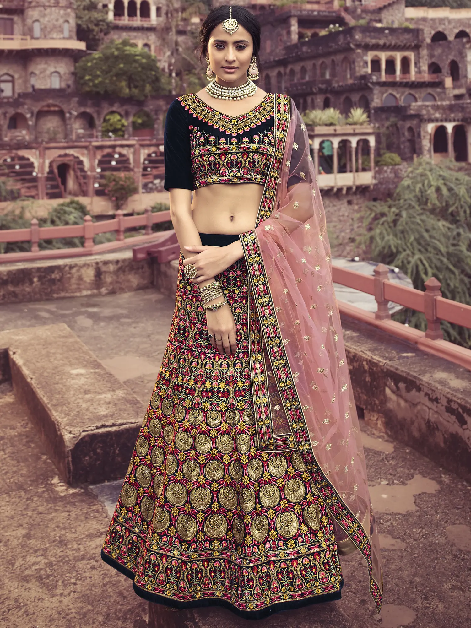 Navy-Blue Velvet Lehenga Choli with Heavy Thread Embroidered Zarkan Work and Soft Net Dupatta