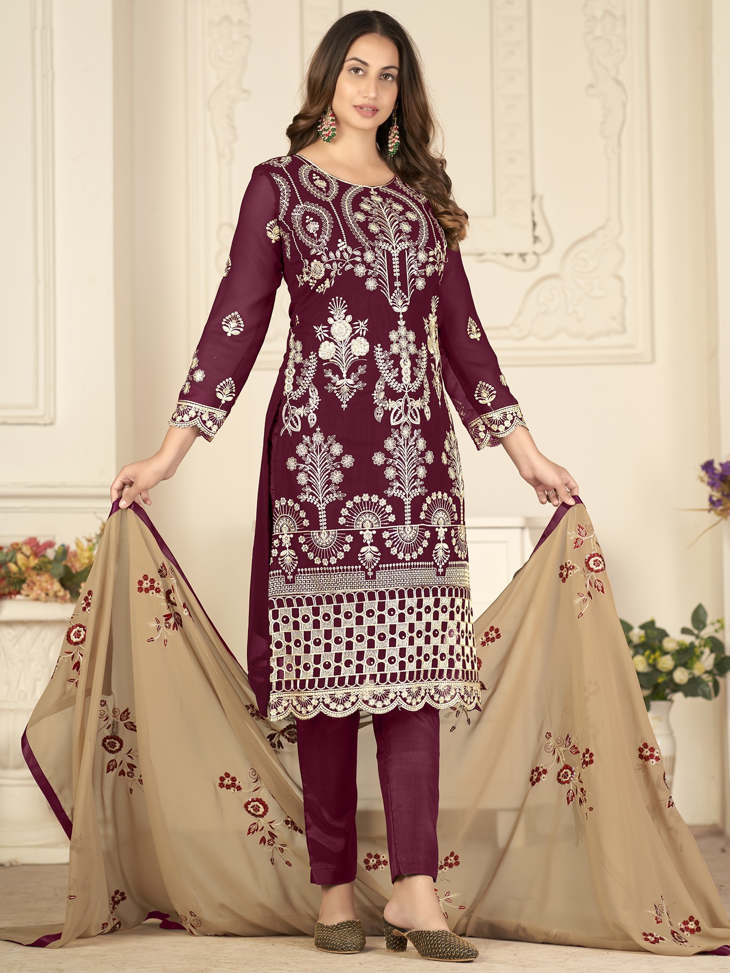 Georgette Thread-Sequins Embroidered Lawn Style Salwar Suit with Mughal  Motif and Cream Dupatta