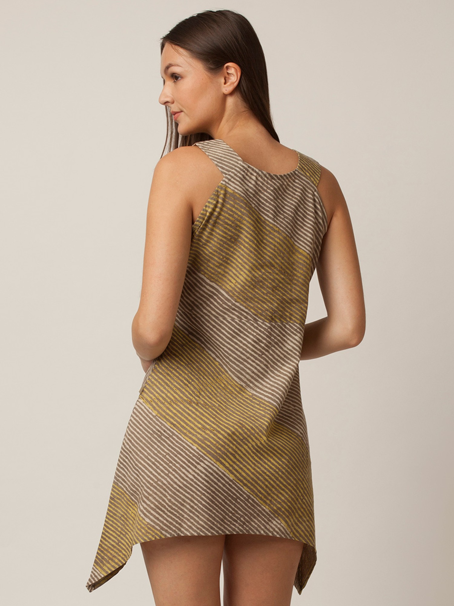 Cotton Short Asymmetrical Hem Dress With Diagonal Stripes Pattern Print ...