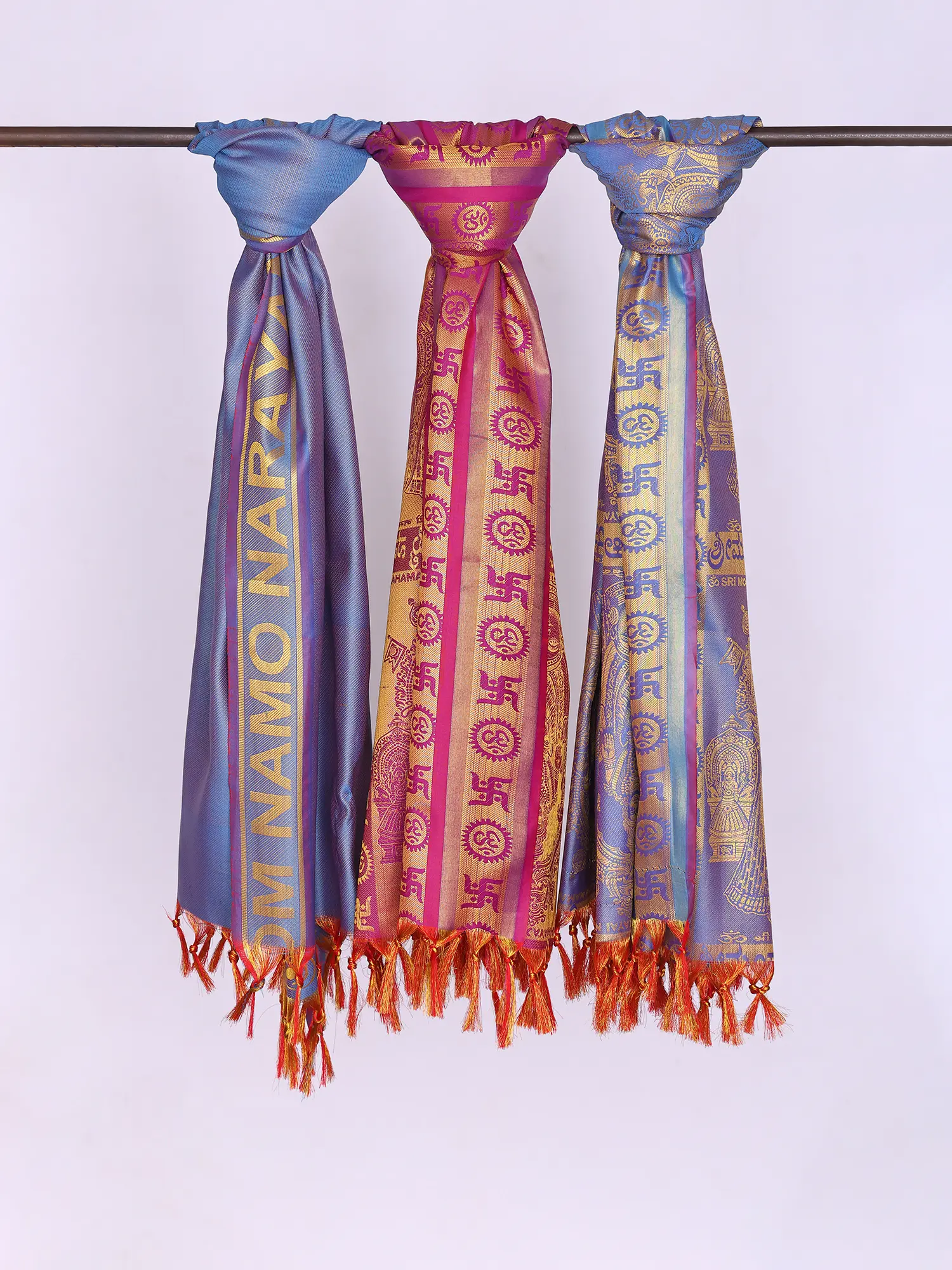Lot of Three Brocaded Prayer Shawls with Golden Thread Weave All-Over