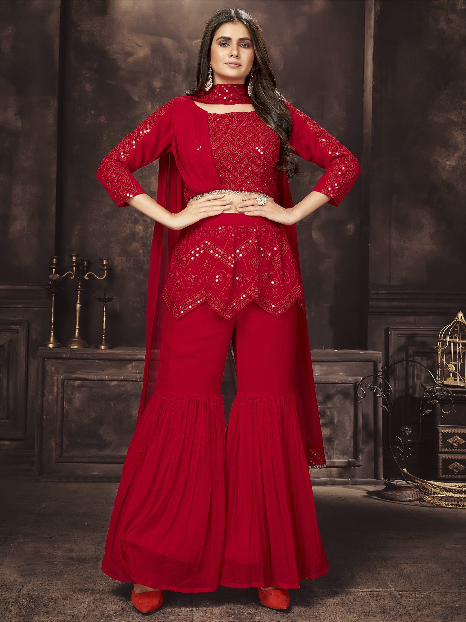 Buy Attractive Red Sequins Georgette Party Wear Crop Top Lehenga - Zeel  Clothing