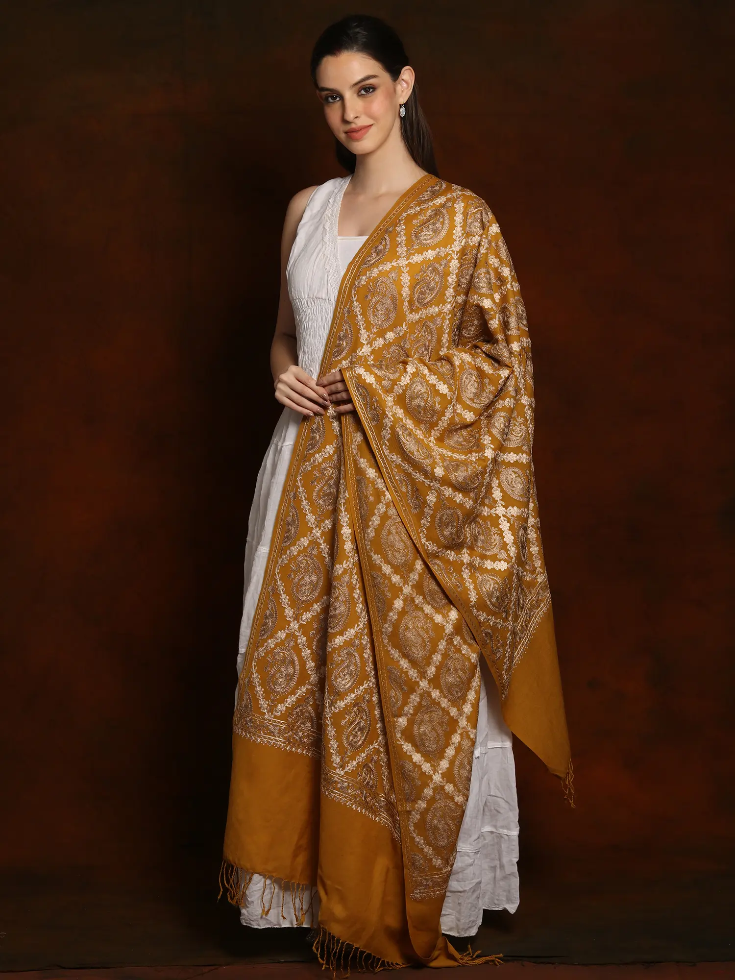Pure Woolen Stole with Detailed Paisley Aari Threadwork from Kashmir