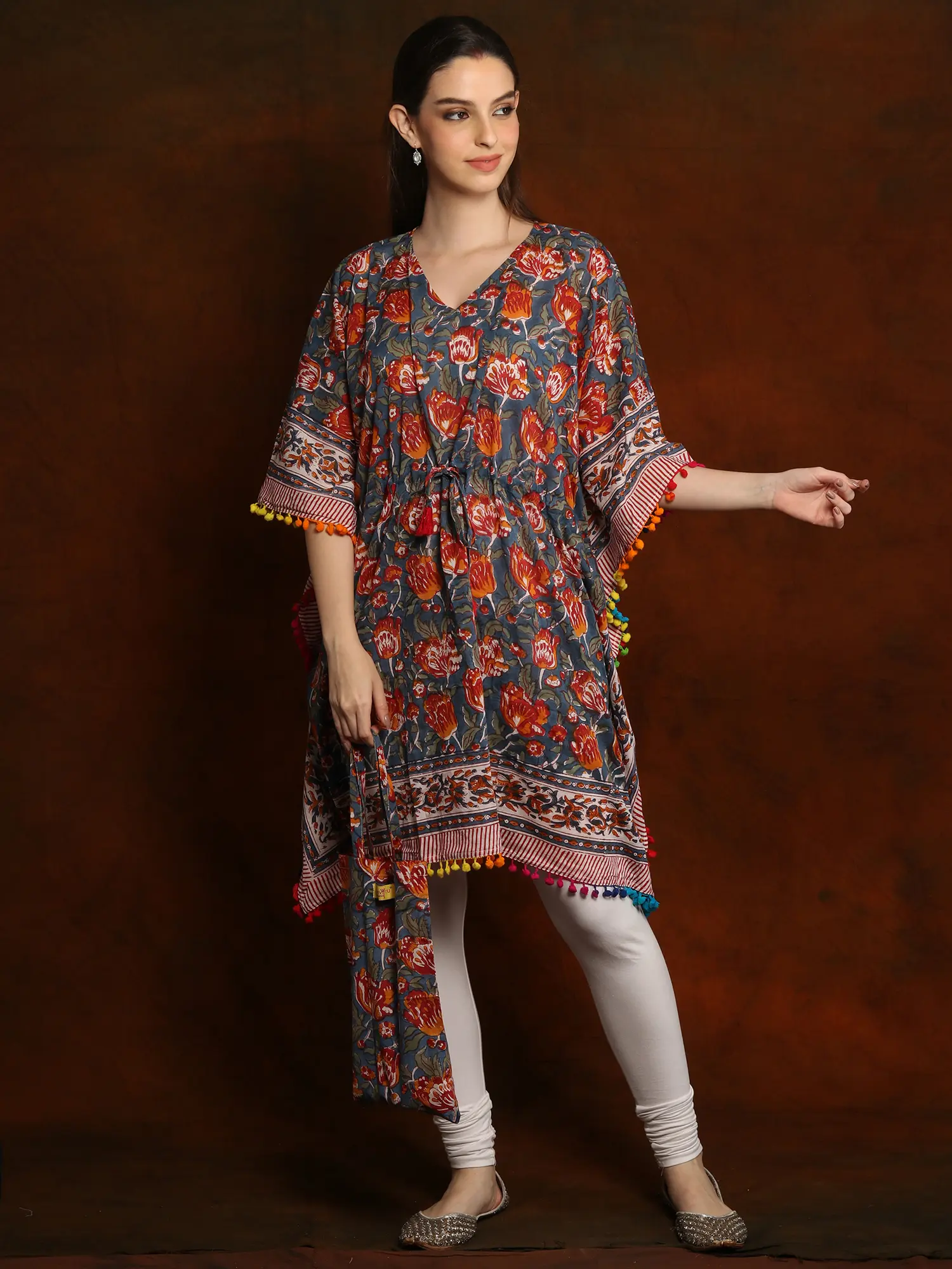 Pure Cotton Short Kaftan with Pom Poms and Cotton Bag