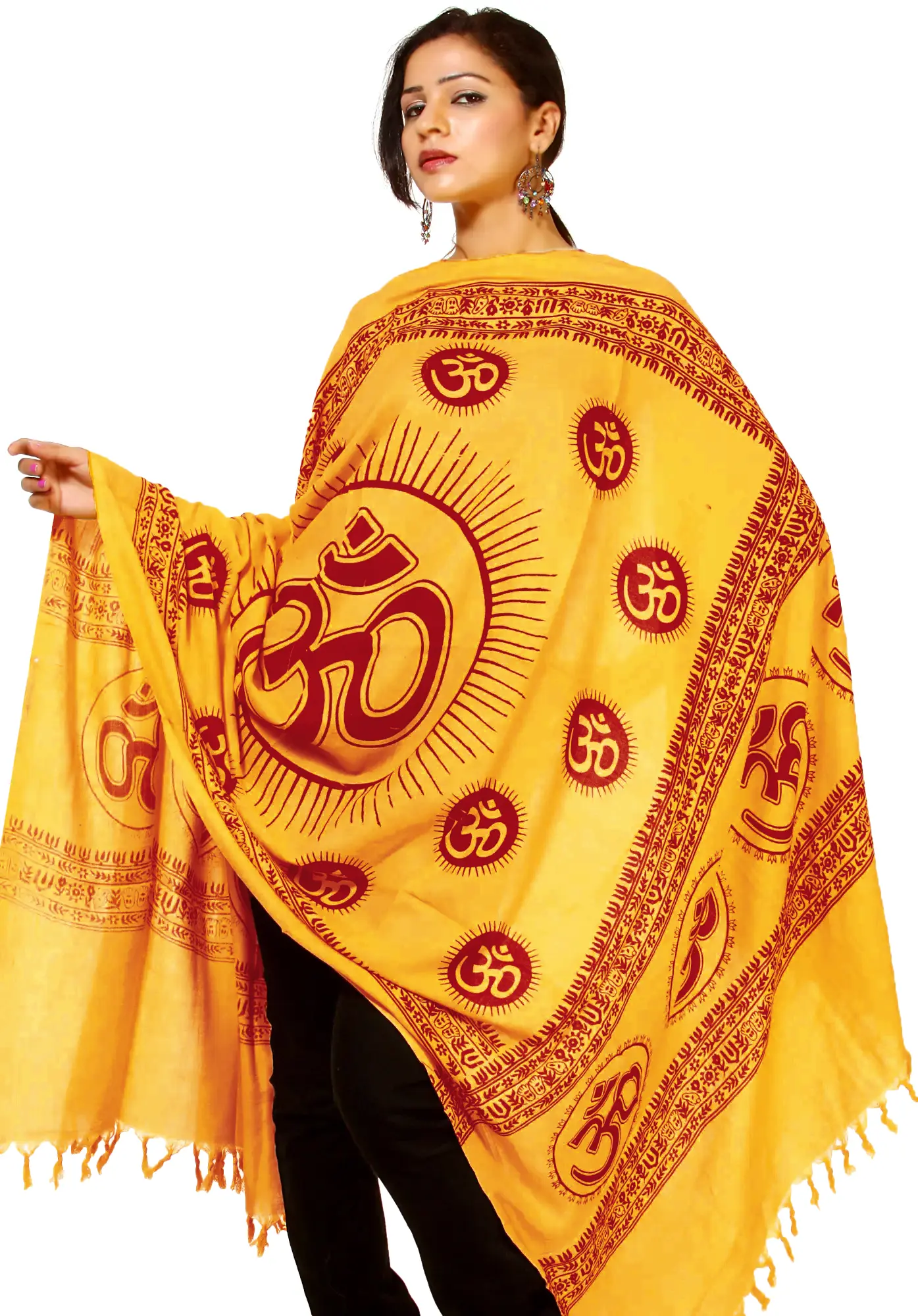 Yellow Hindu Dharma Prayer Shawl with Large Printed Om