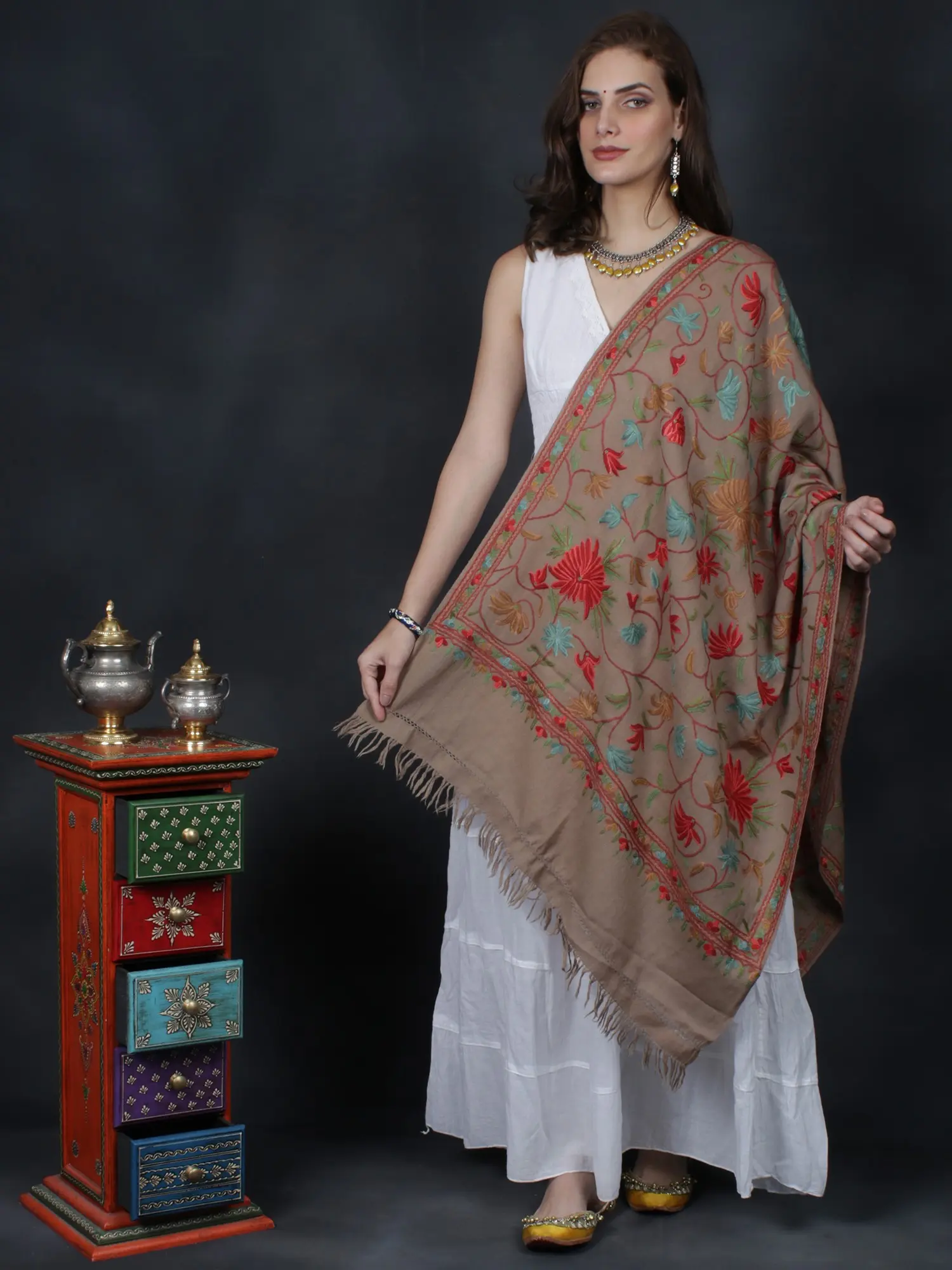 Floral Aari Hand-Embroidered Stole from Kashmir