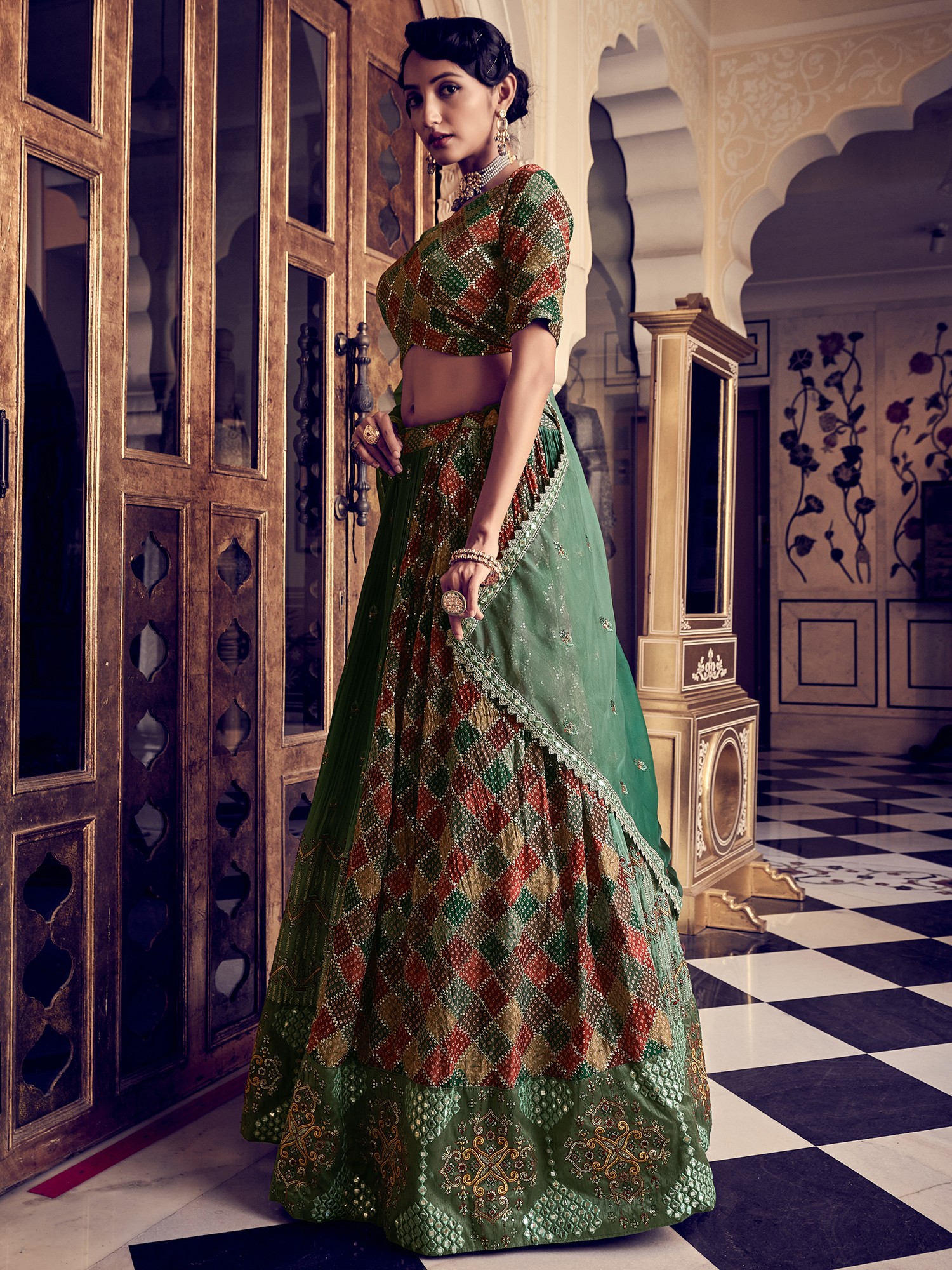 Rama-Green Silk Dual Tone Chowkadi-Butta Motif Lehenga Choli With ...