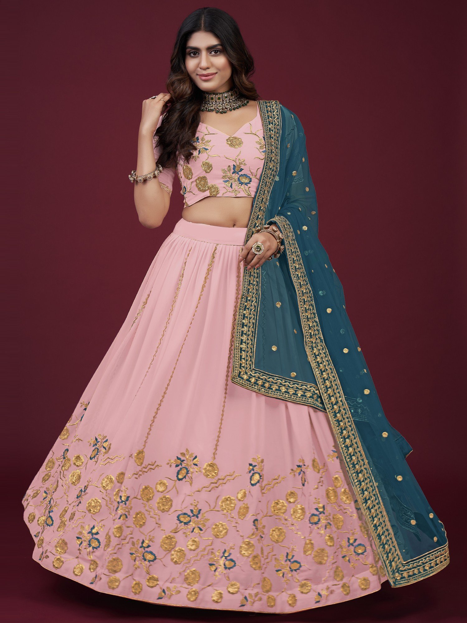 Shop Peach Floral Lehenga with Dupatta and Belt Online in USA – Pure  Elegance