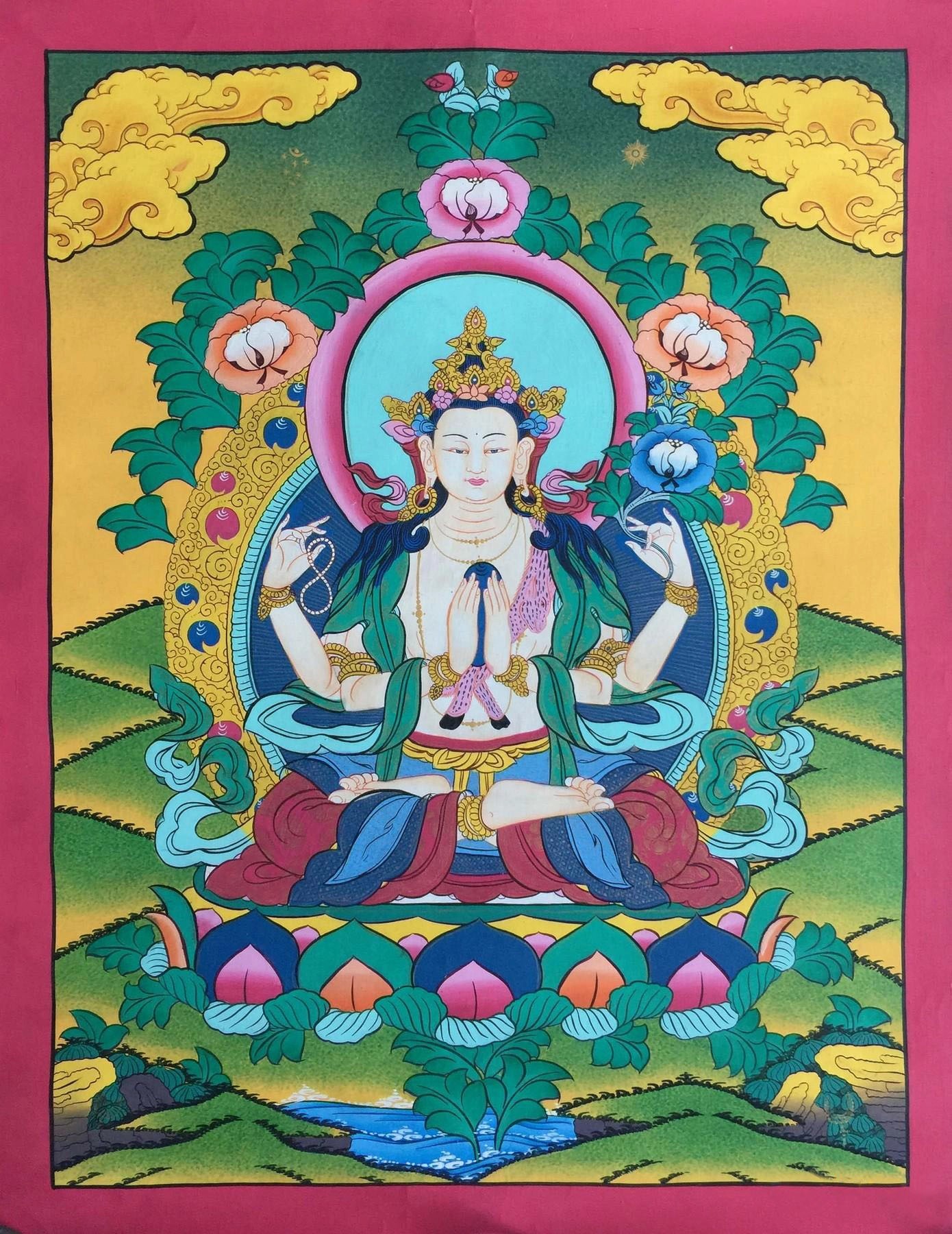 Chengrezig Thangka (Brocadeless Thangka) | Exotic India Art