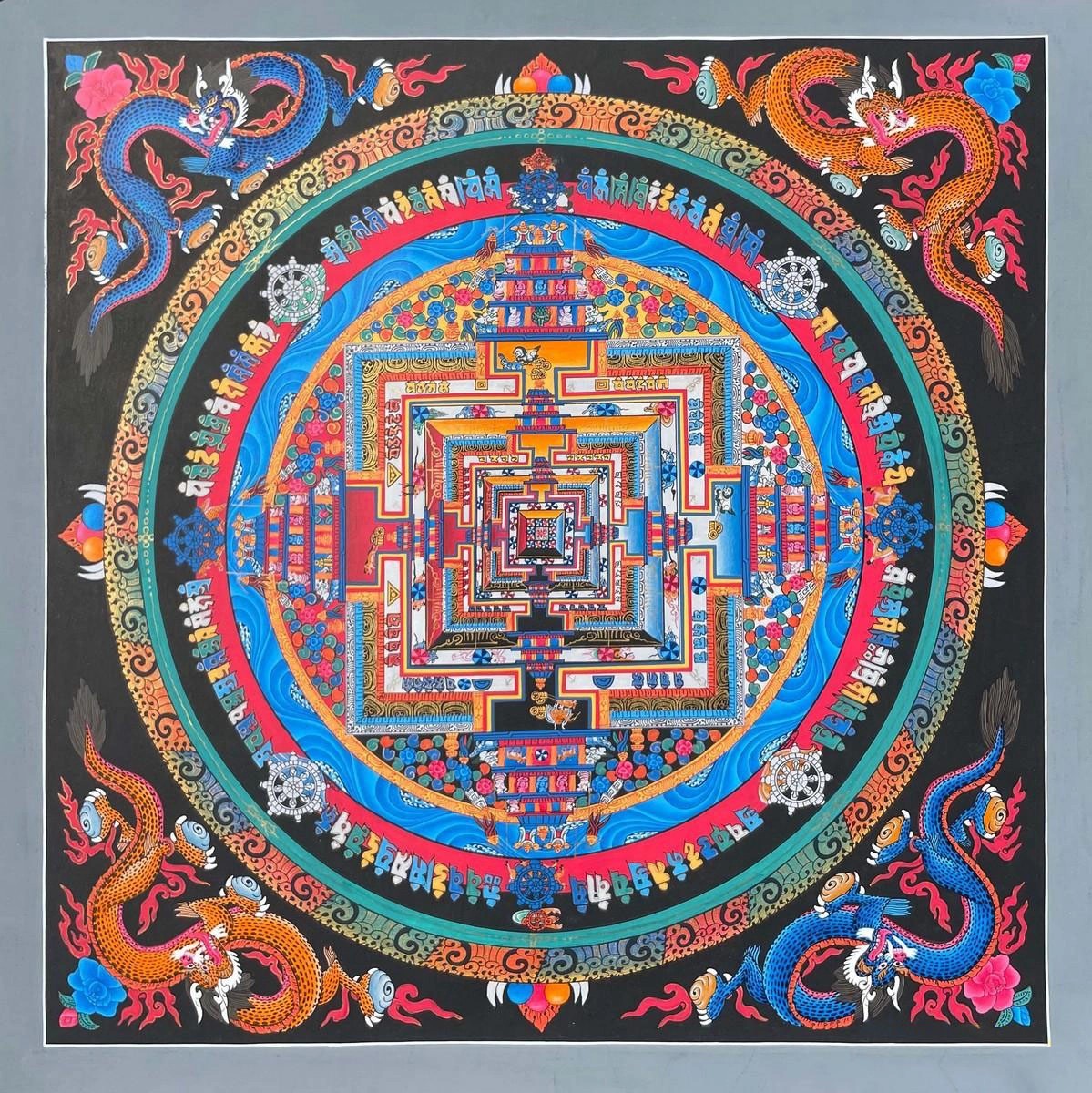 Four Corner Dragon Kalchakra Mandala Thangka (Brocadeless Thangka ...