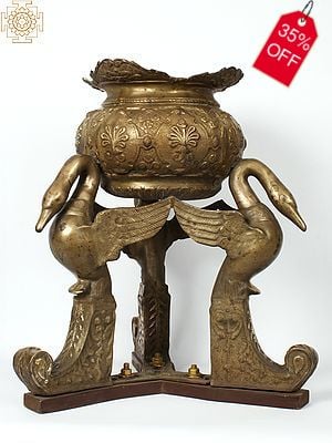 27'' Brass Vintage Urli Pot on The Back of Swans