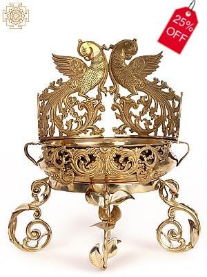 20'' Brass Parrot Urli with Stand | Home  Decor Showpiece