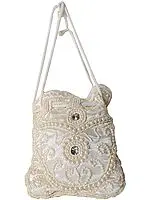 Cream Drawstring Potli Bag with Faux Pearls and Beads