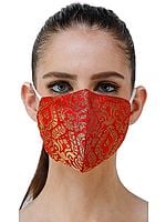 Red Brocade Two Ply Fashion Mask from Banaras with Woven Motifs and Zari Weave