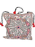 Snow-White Cushion Cover with Madhubani Hand-Painted Peacocks