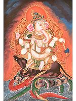 Shadbhuja Ganesha Seated on a Rat with Snakes as Dragons