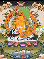 Tibetan Buddhist Deity Vaishravana (Kubera) Seated on White Snow Lion with a Banner of Victory and Mongoose