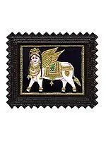 Kamadhenu - The Wish Fulfiling Cow Tanjore Painting | Traditional Colors With 24K Gold | Teakwood Frame | Gold & Wood | Handmade | Made In India
